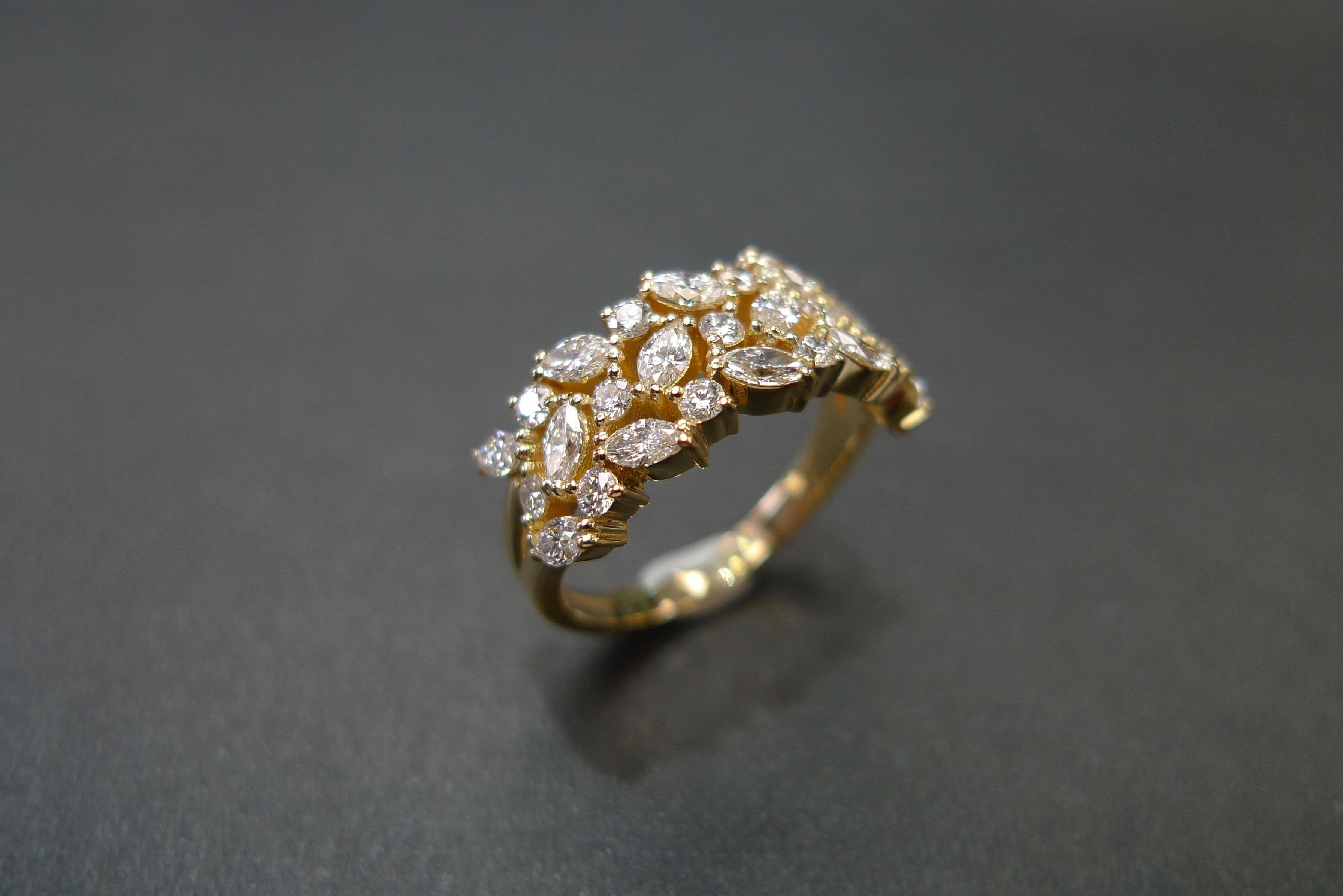 For Sale:  Three Rows Marquise Cut Diamond Unique Wedding Ring Band 18k Yellow Gold 2