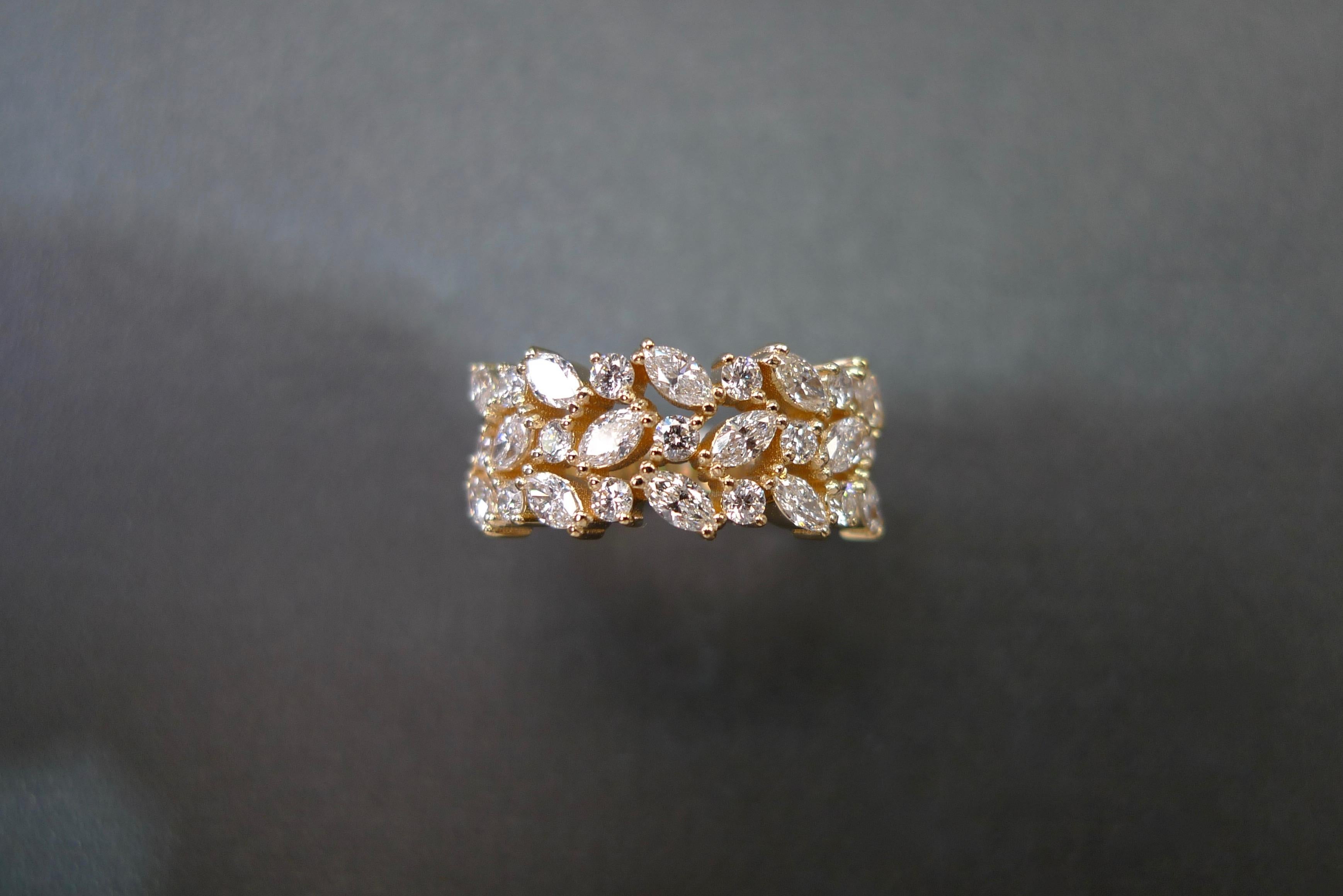 For Sale:  Three Rows Marquise Cut Diamond Unique Wedding Ring Band 18k Yellow Gold 4