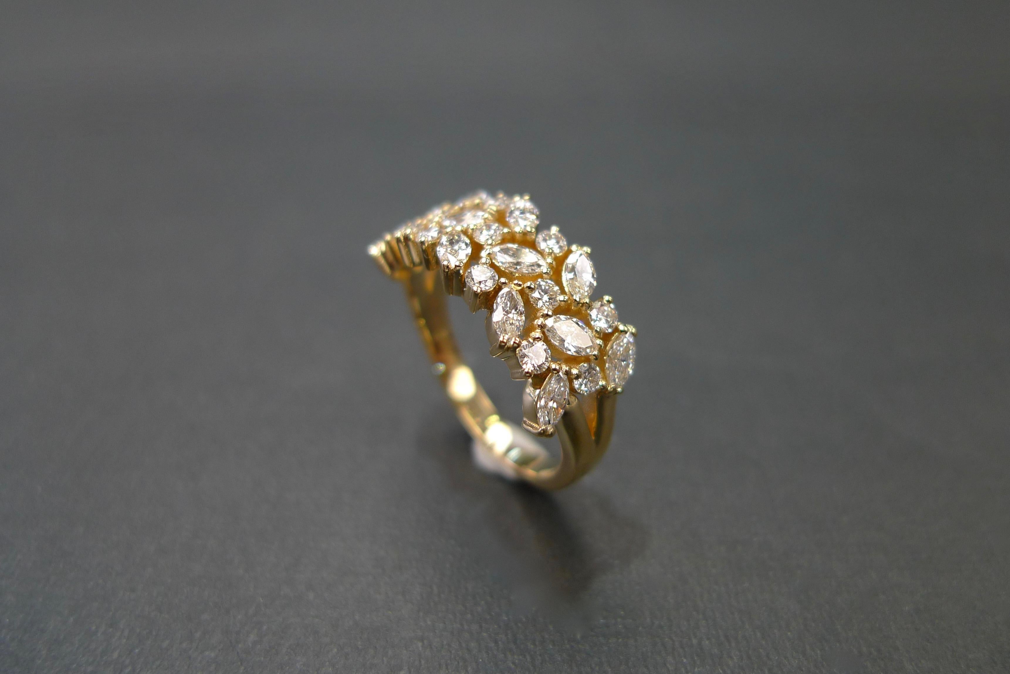For Sale:  Three Rows Marquise Cut Diamond Unique Wedding Ring Band 18k Yellow Gold 5