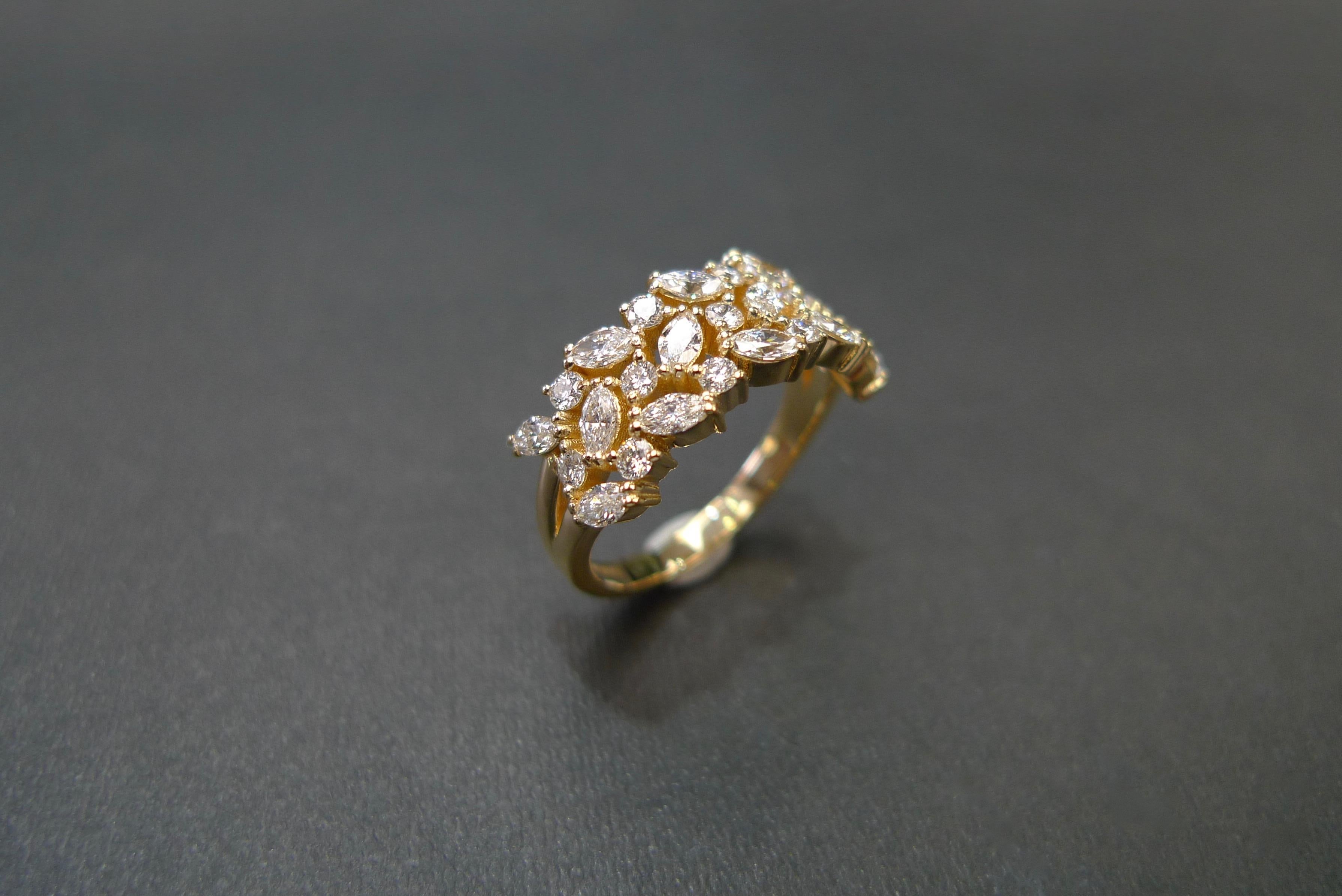 For Sale:  Three Rows Marquise Cut Diamond Unique Wedding Ring Band 18k Yellow Gold 6
