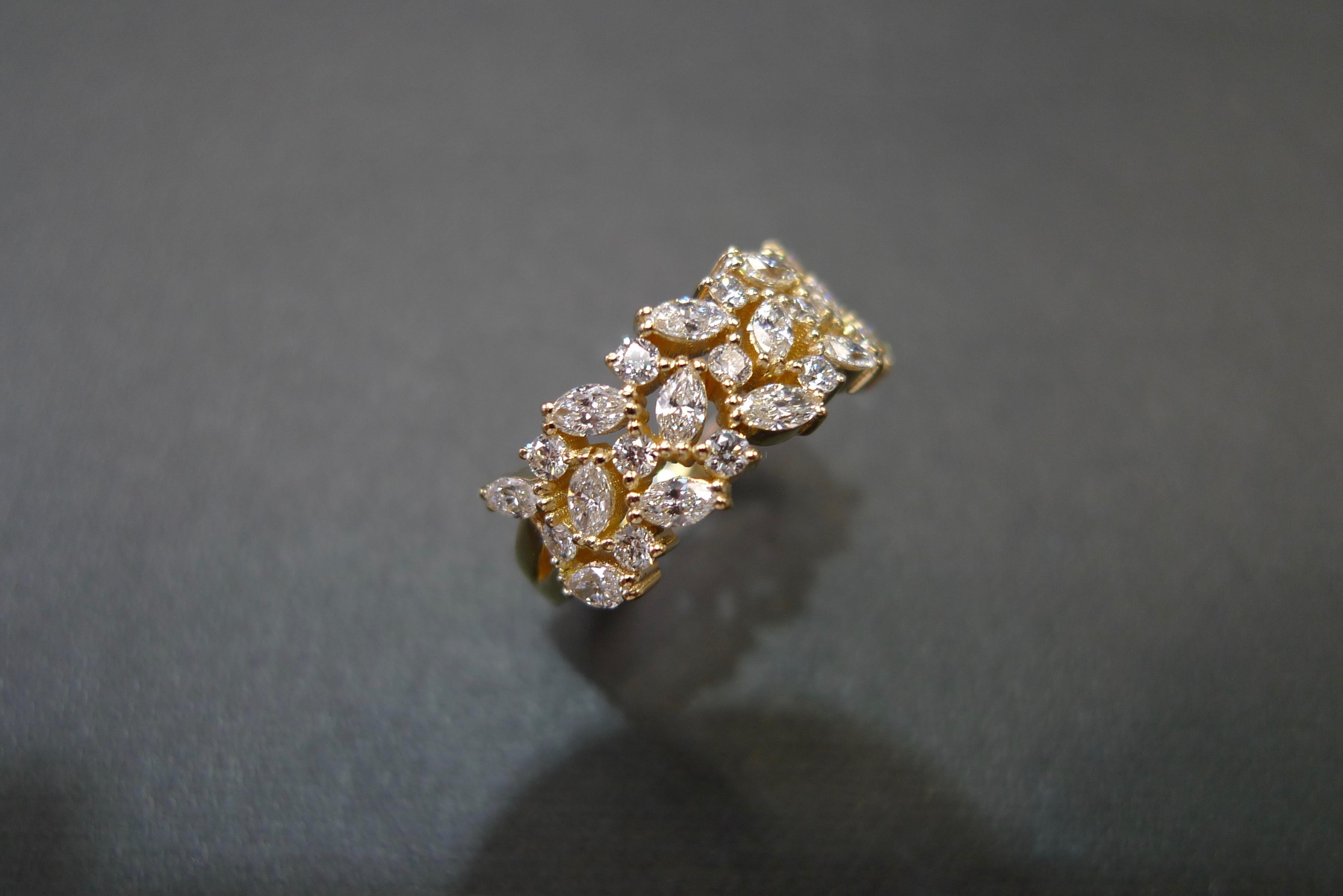 For Sale:  Three Rows Marquise Cut Diamond Unique Wedding Ring Band 18k Yellow Gold 7