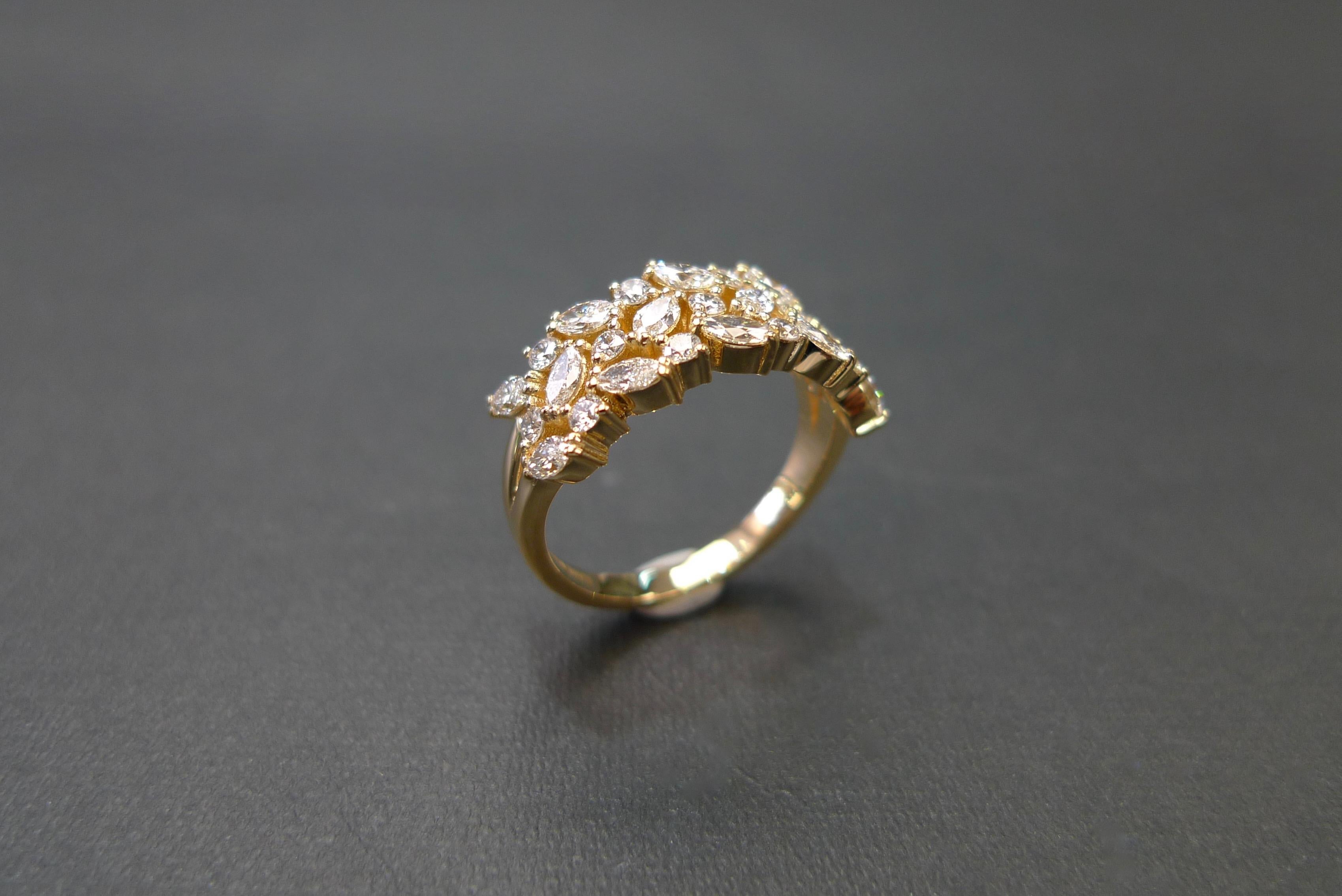 For Sale:  Three Rows Marquise Cut Diamond Unique Wedding Ring Band 18k Yellow Gold 8