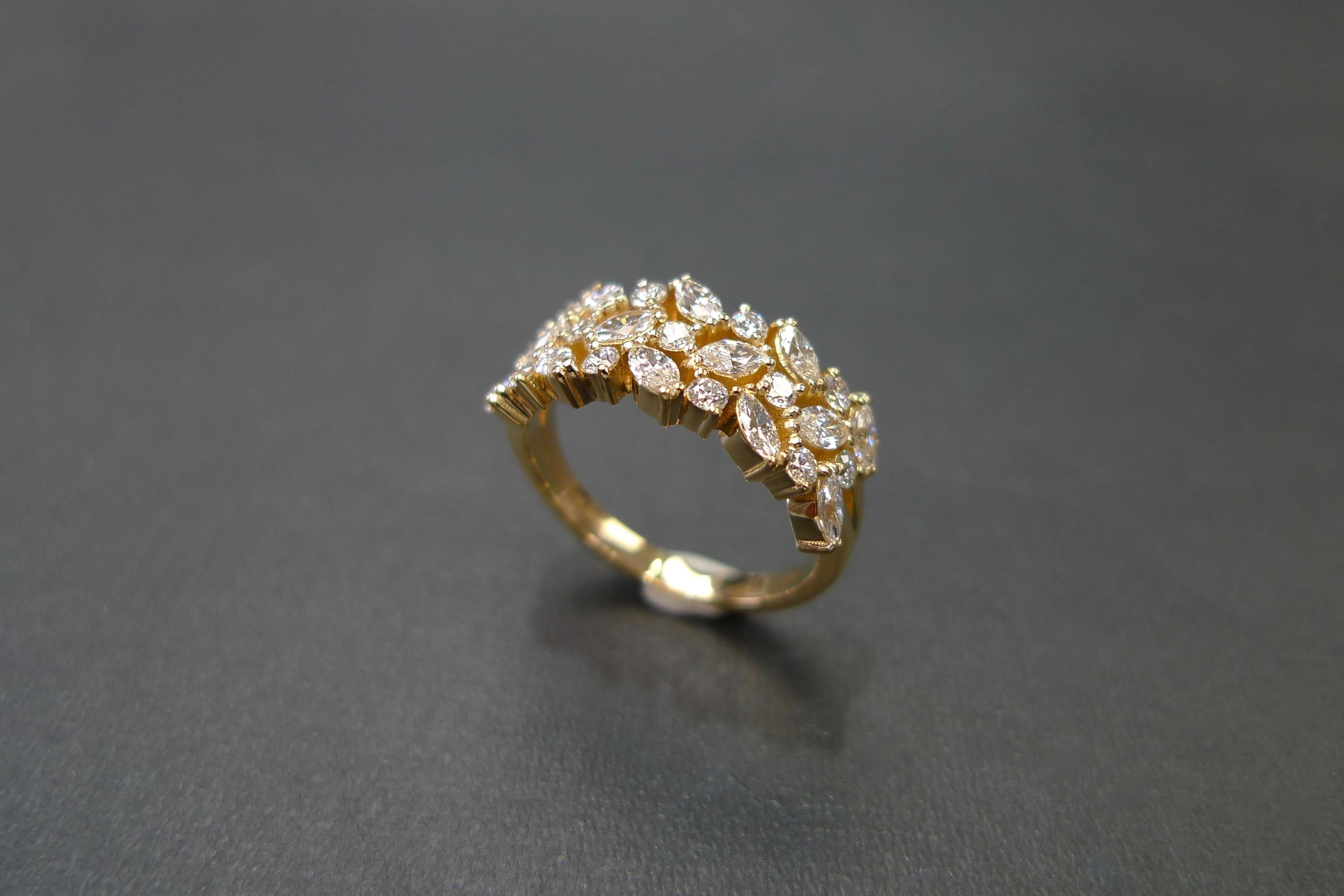 For Sale:  Three Rows Marquise Cut Diamond Unique Wedding Ring Band 18k Yellow Gold 9