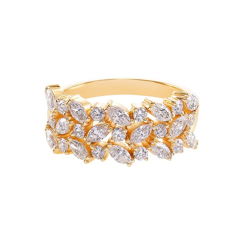 Dreireihiger Marquise-Schliff-Diamant-Ehering aus 18 Karat Gelbgold, einzigartiger Ehering