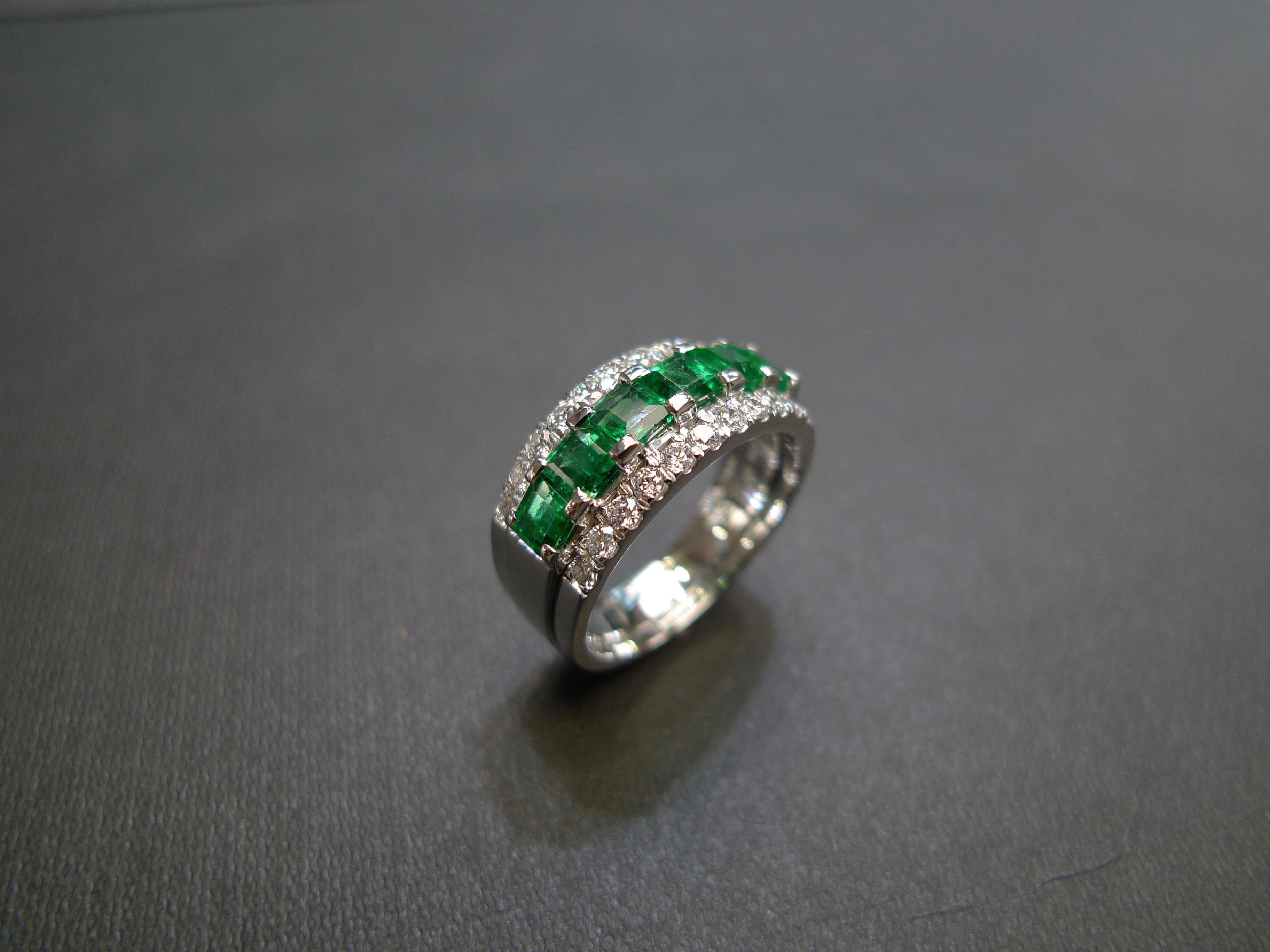 For Sale:  Three-Rows Square Cut Emerald and Round Brilliant Cut Diamond Wedding Ring 10