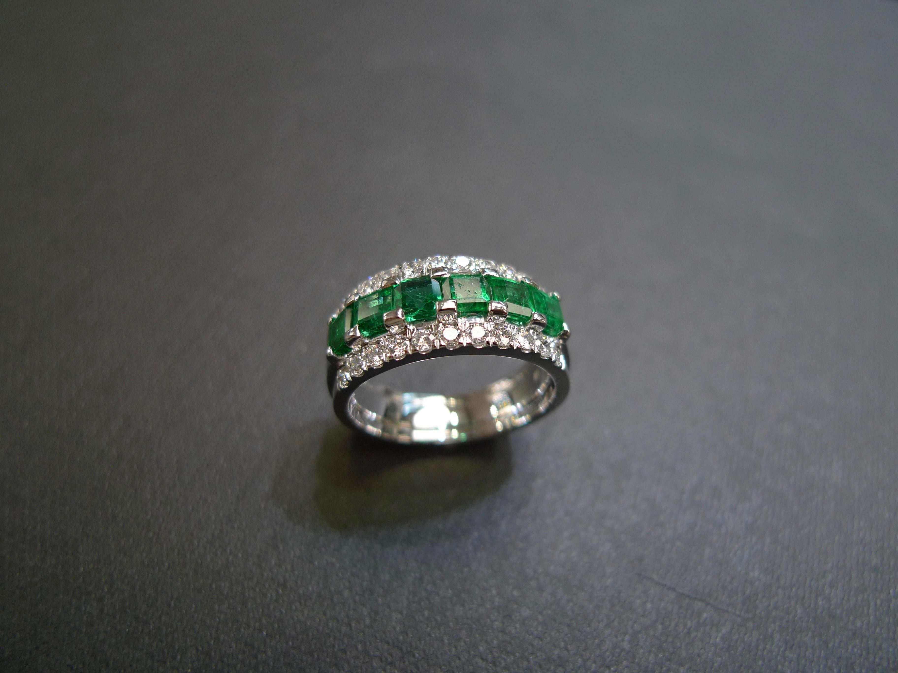For Sale:  Three-Rows Square Cut Emerald and Round Brilliant Cut Diamond Wedding Ring 11