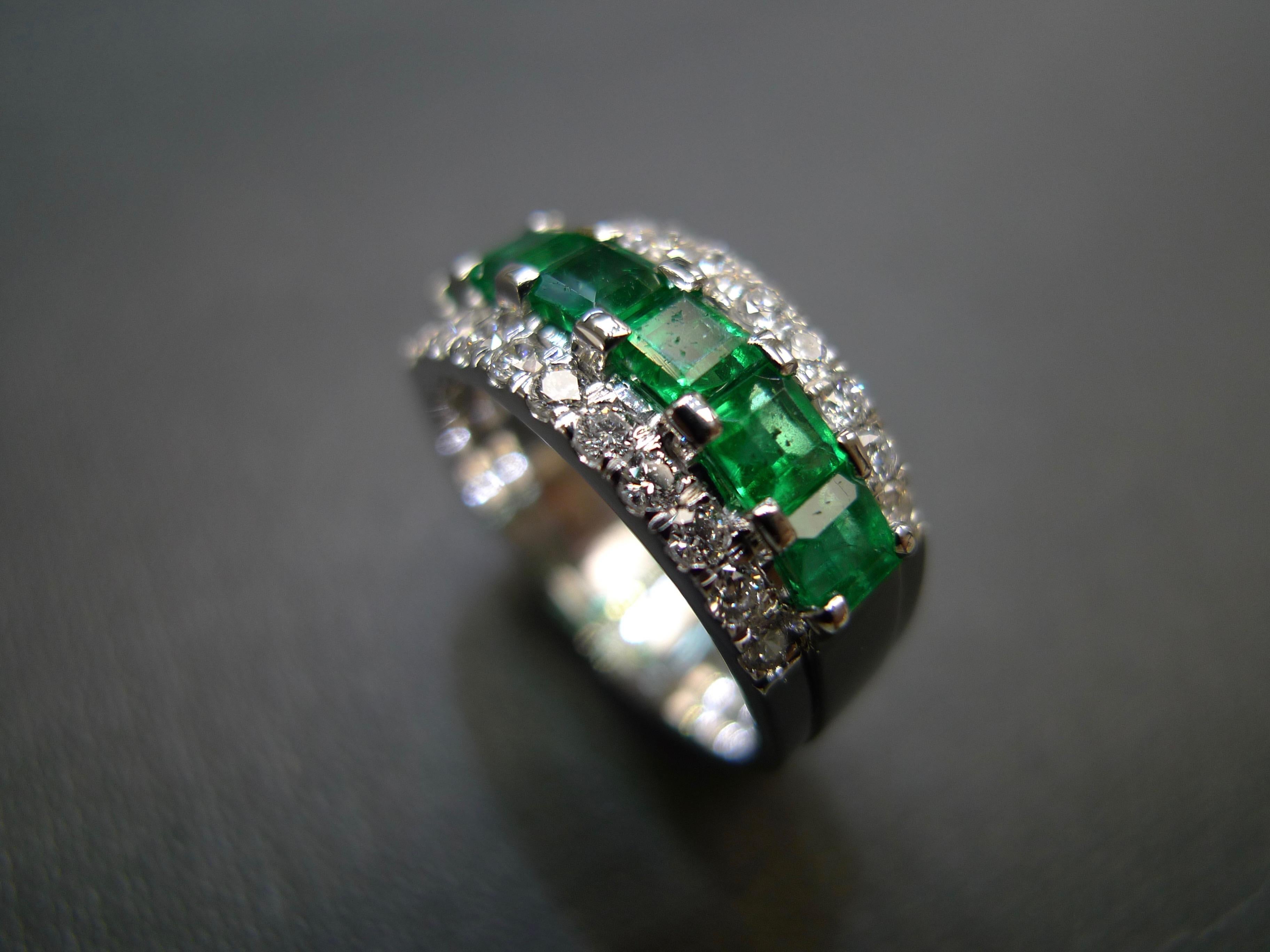 For Sale:  Three-Rows Square Cut Emerald and Round Brilliant Cut Diamond Wedding Ring 14