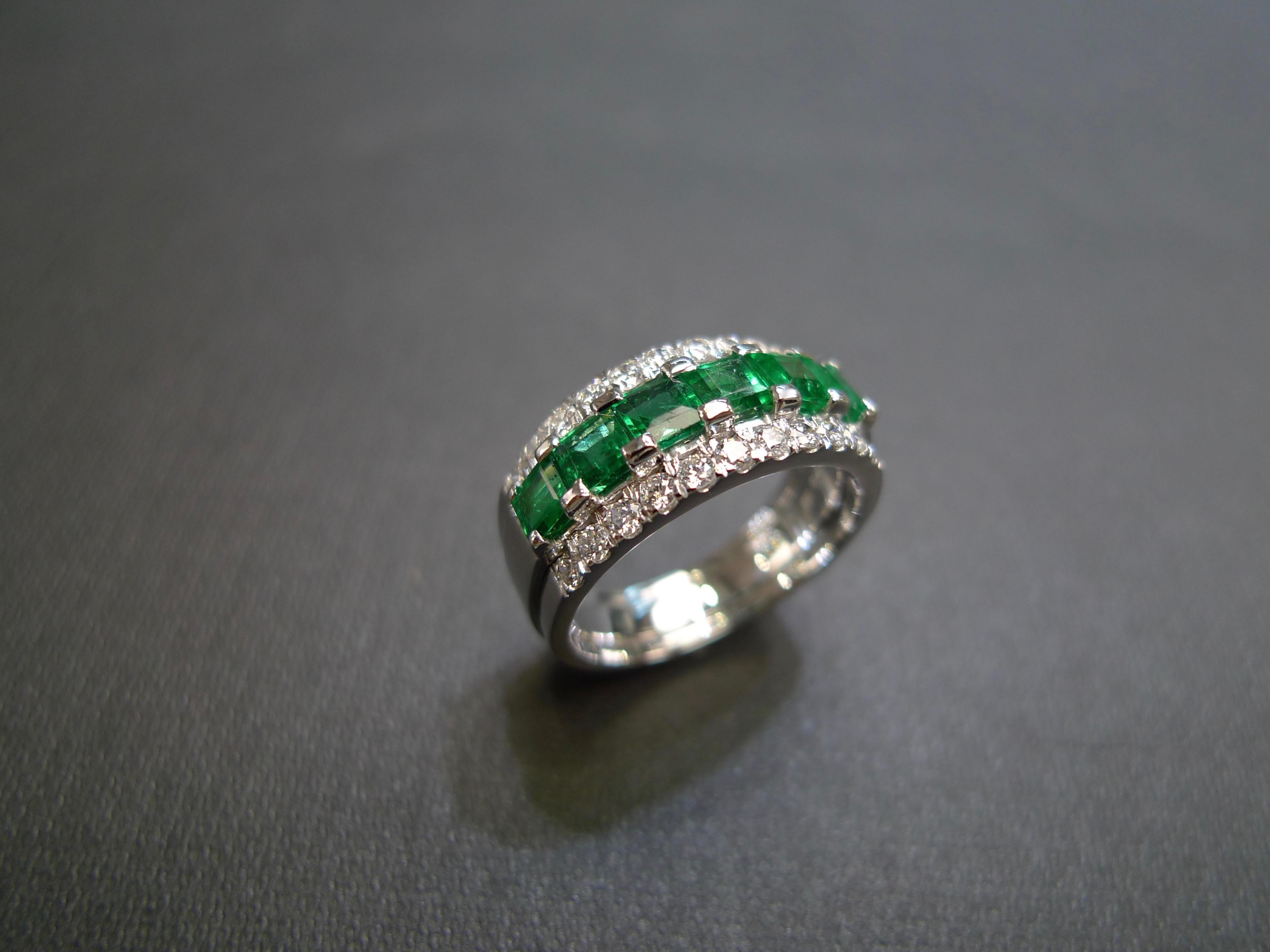 For Sale:  Three-Rows Square Cut Emerald and Round Brilliant Cut Diamond Wedding Ring 2