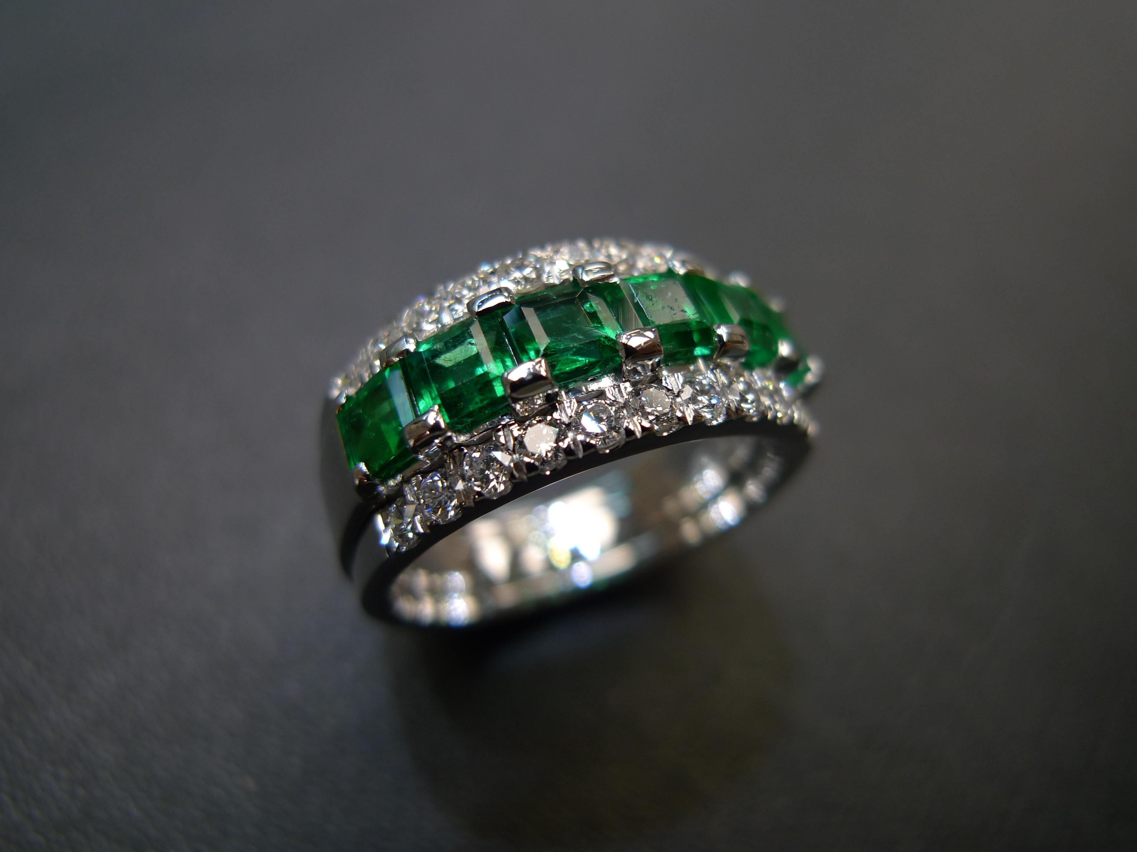 For Sale:  Three-Rows Square Cut Emerald and Round Brilliant Cut Diamond Wedding Ring 4