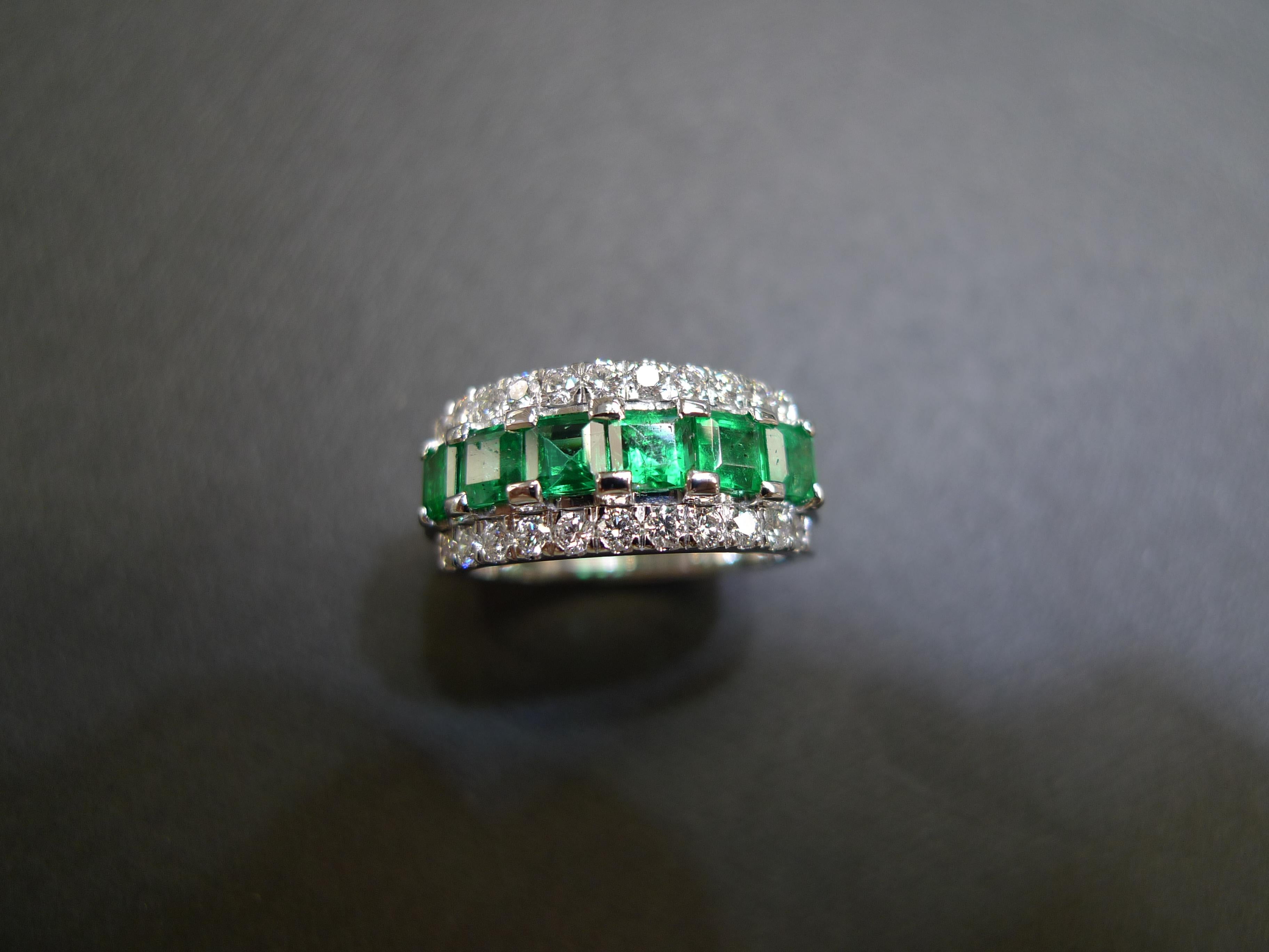 For Sale:  Three-Rows Square Cut Emerald and Round Brilliant Cut Diamond Wedding Ring 5