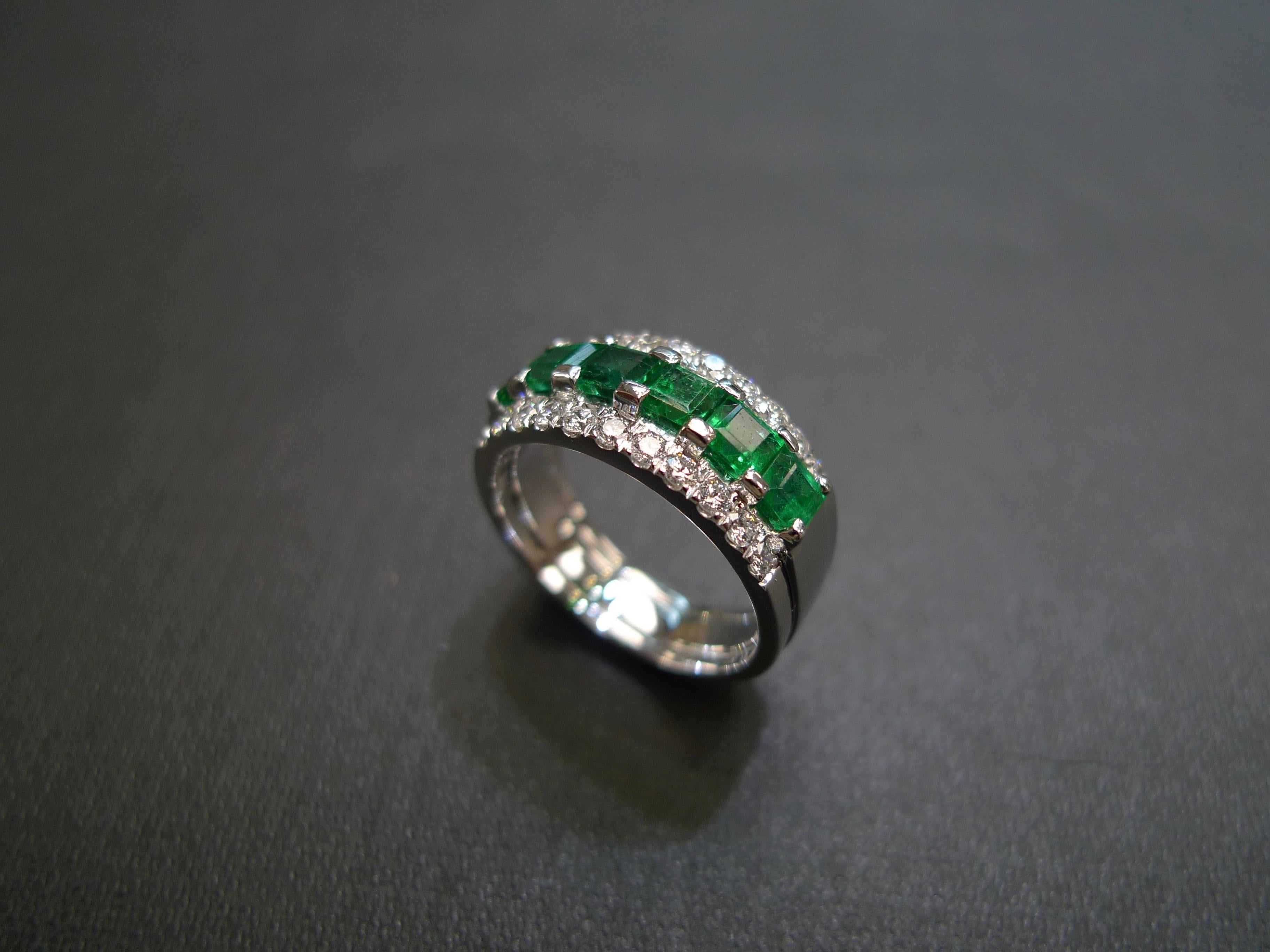 For Sale:  Three-Rows Square Cut Emerald and Round Brilliant Cut Diamond Wedding Ring 6