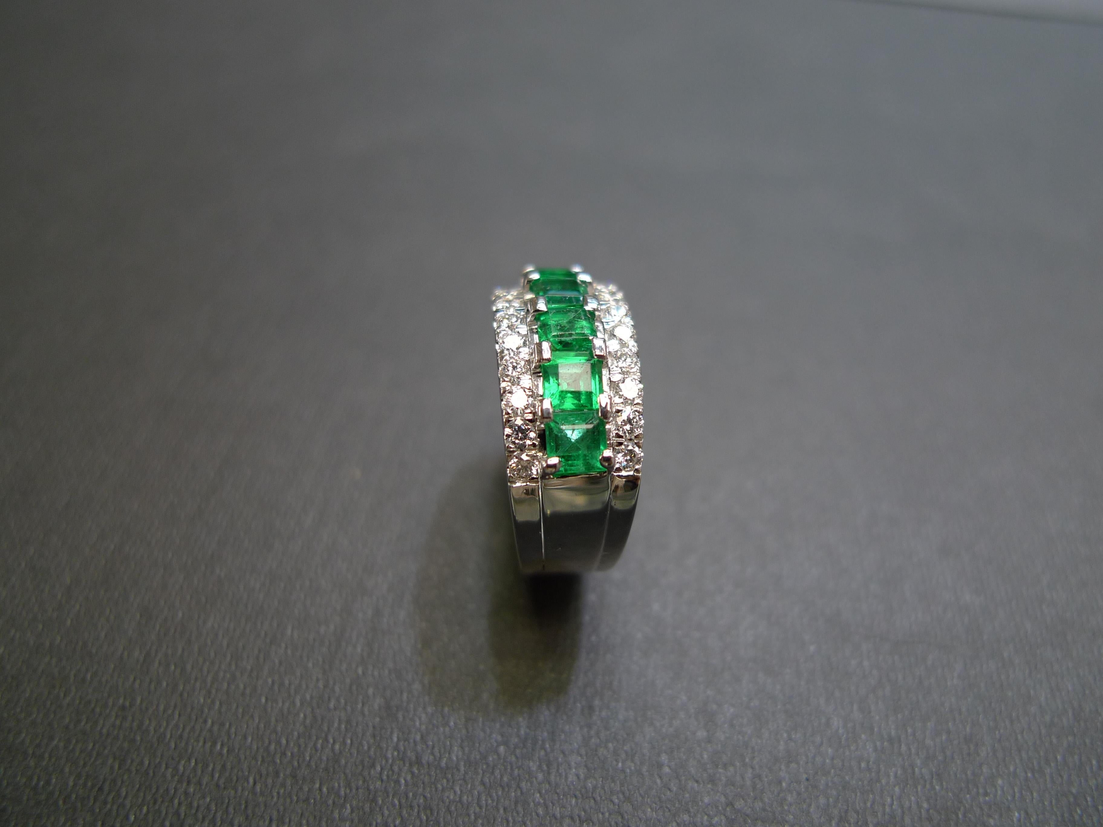 For Sale:  Three-Rows Square Cut Emerald and Round Brilliant Cut Diamond Wedding Ring 7