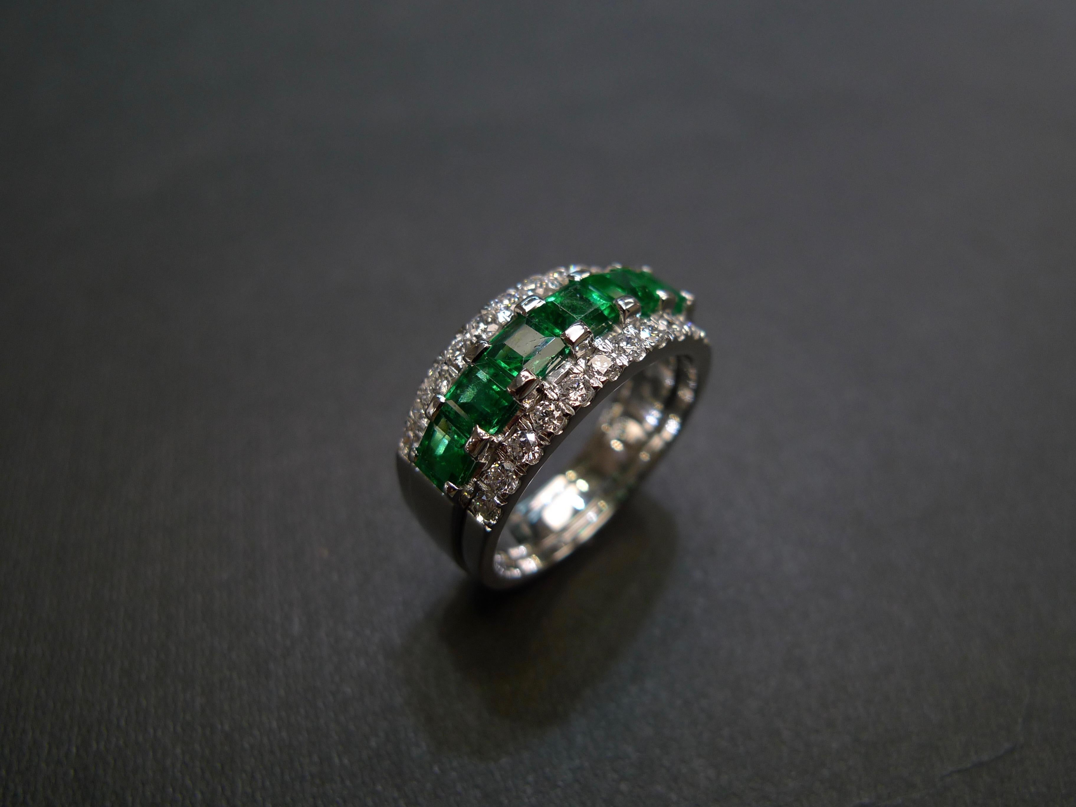 For Sale:  Three-Rows Square Cut Emerald and Round Brilliant Cut Diamond Wedding Ring 8