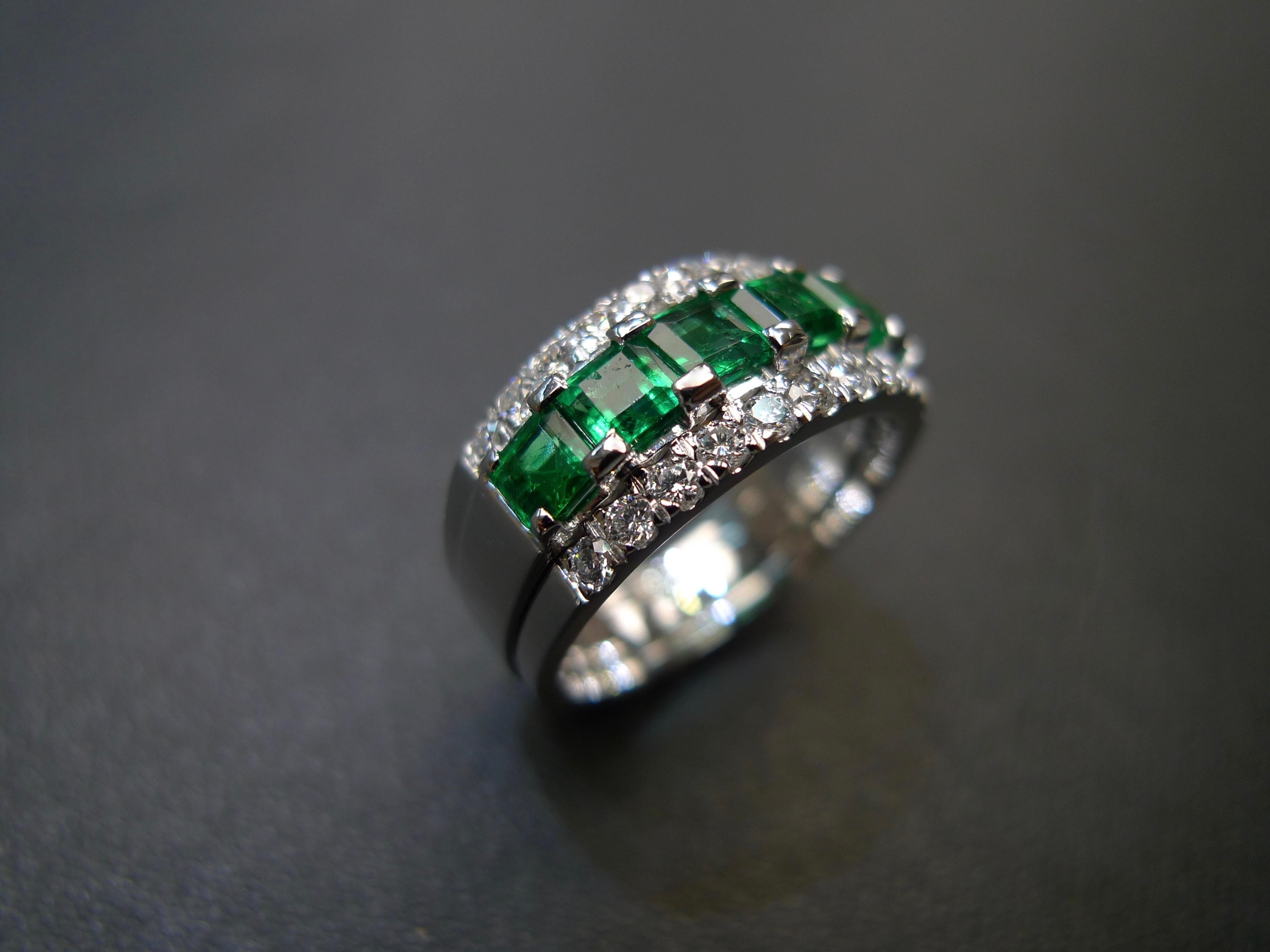 For Sale:  Three-Rows Square Cut Emerald and Round Brilliant Cut Diamond Wedding Ring 9