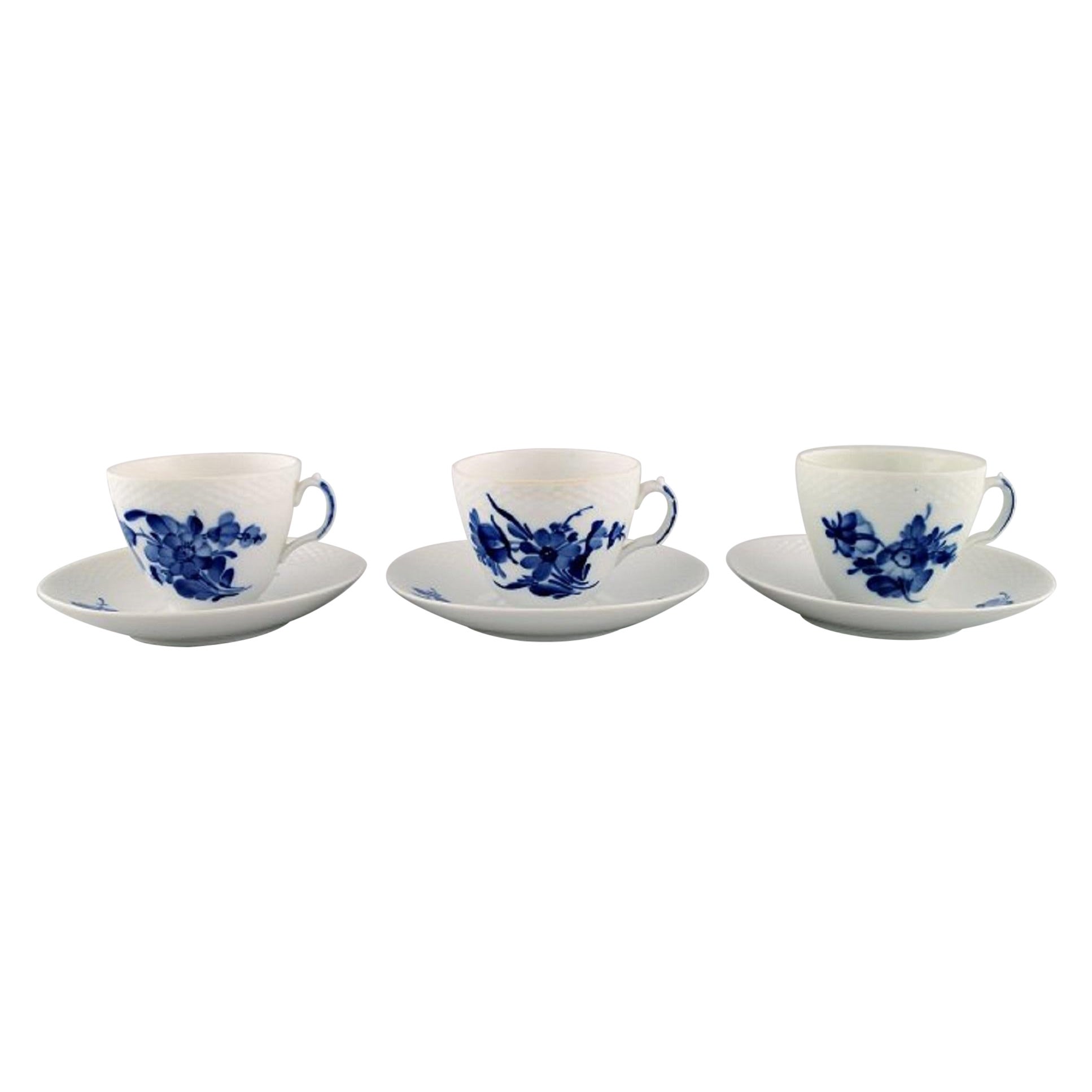 Three Royal Copenhagen Blue Flower Braided Coffee Cups with Saucers, 1950s