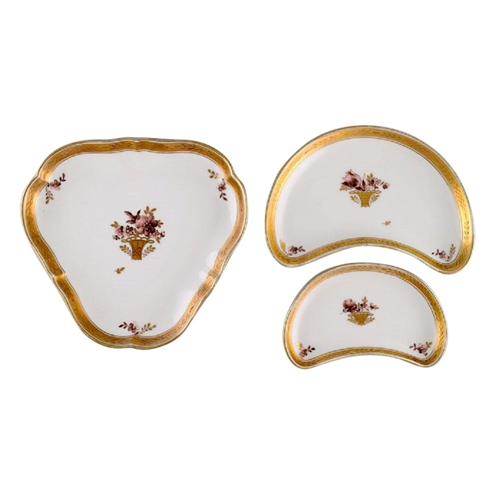 Three Royal Copenhagen Golden Basket Dishes in Porcelain with Flowers