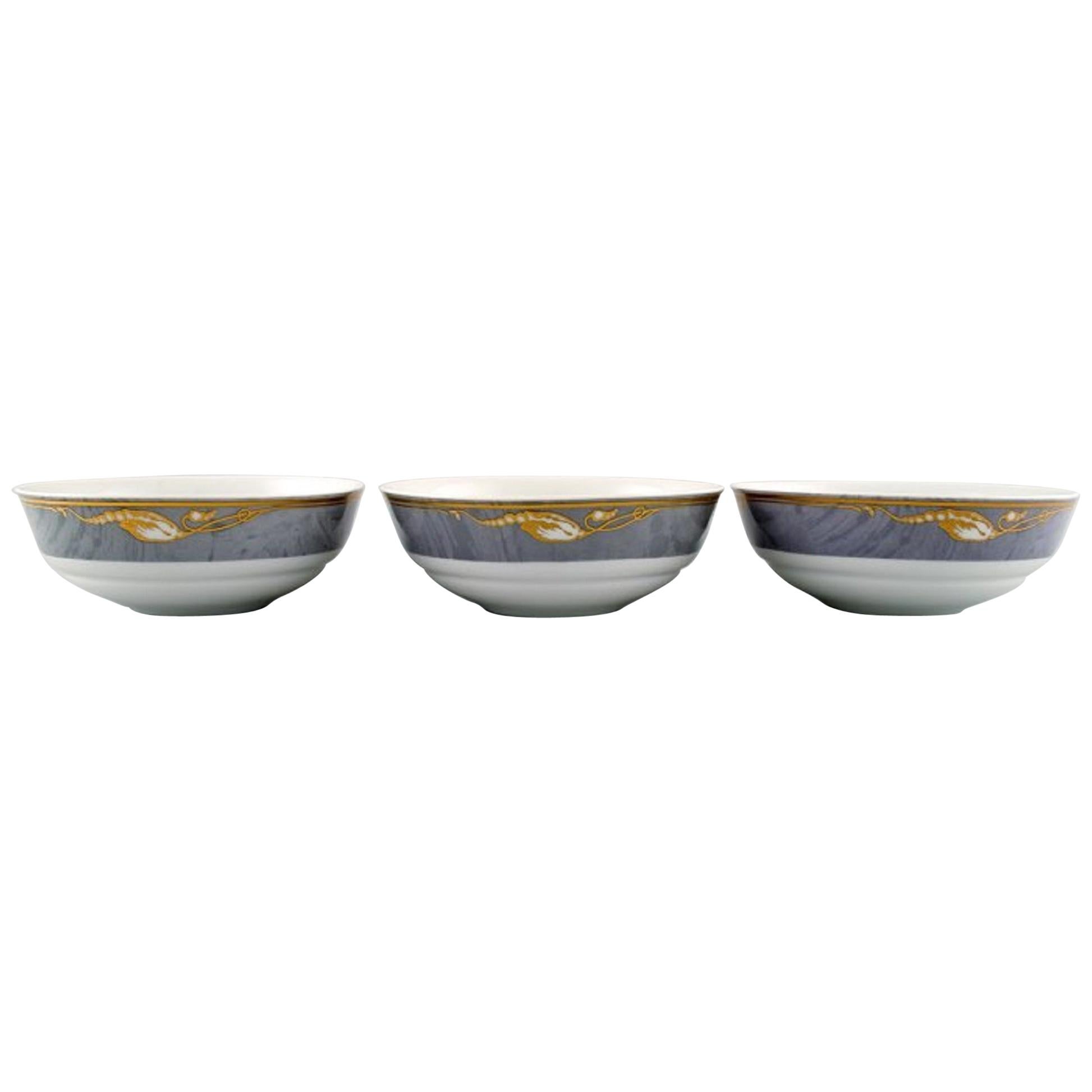 Three Royal Copenhagen Gray Magnolia Bowls in Porcelain, Late 20th Century