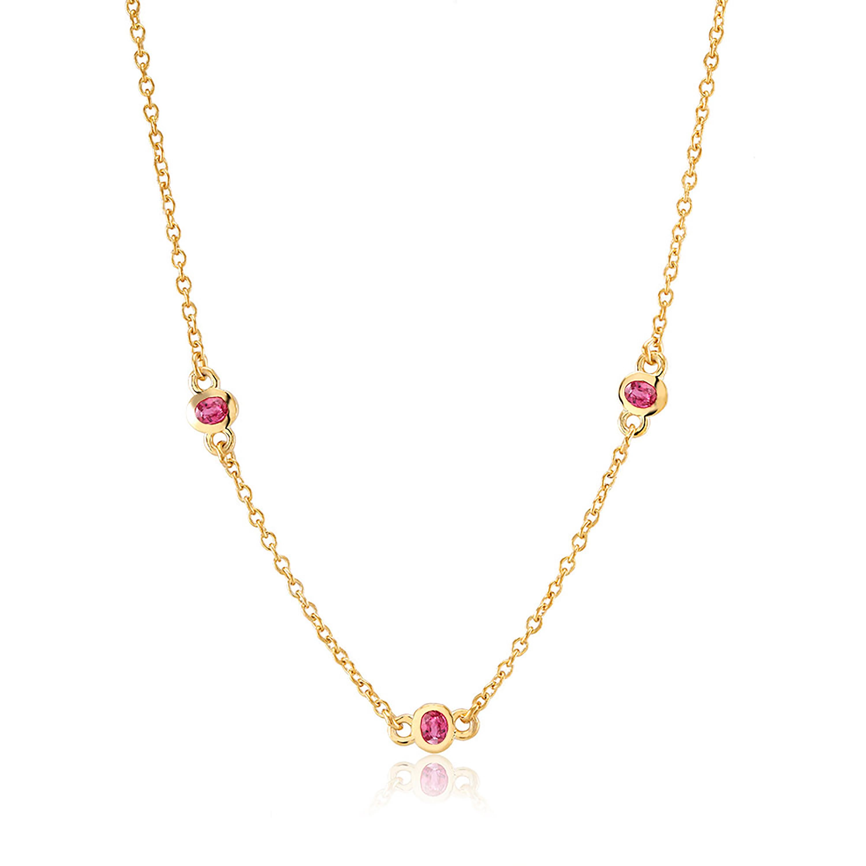Contemporary Three Rubies Bezel Set Silver Pendant Necklace Yellow Gold-Plated