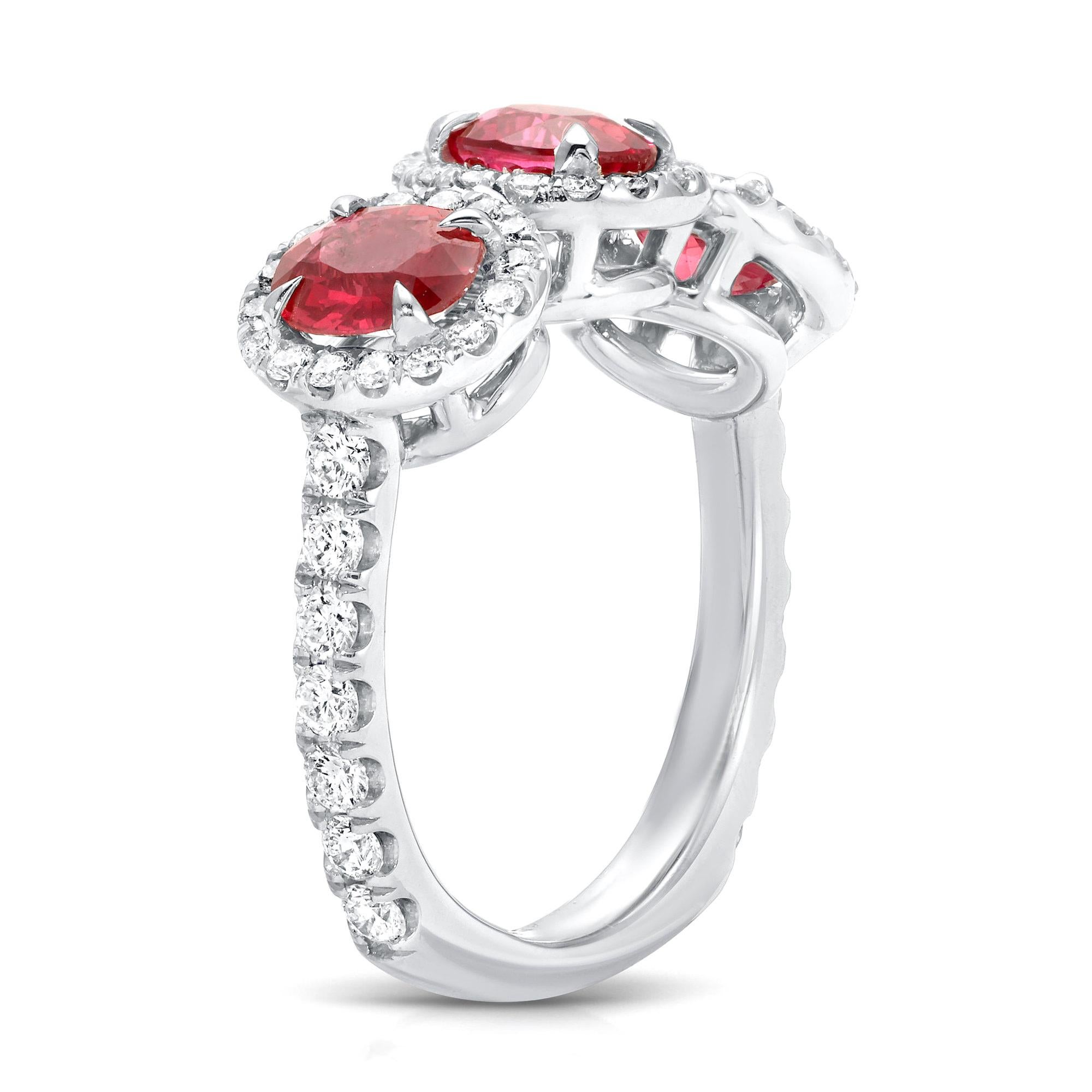 Contemporary Three Rubies Ring Diamond Setting 3.21 Carats 18K White Gold For Sale