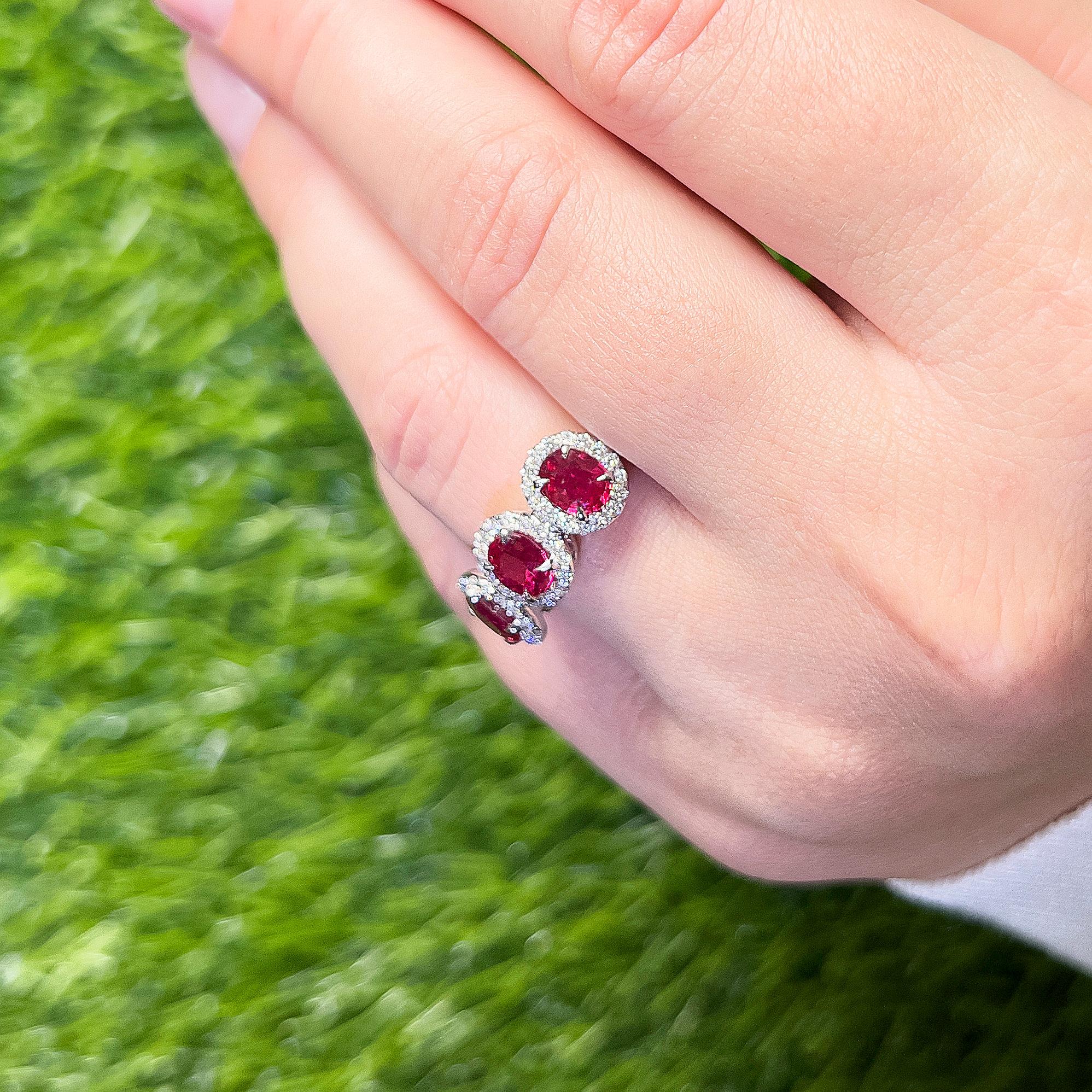 Oval Cut Three Rubies Ring Diamond Setting 3.21 Carats 18K White Gold For Sale