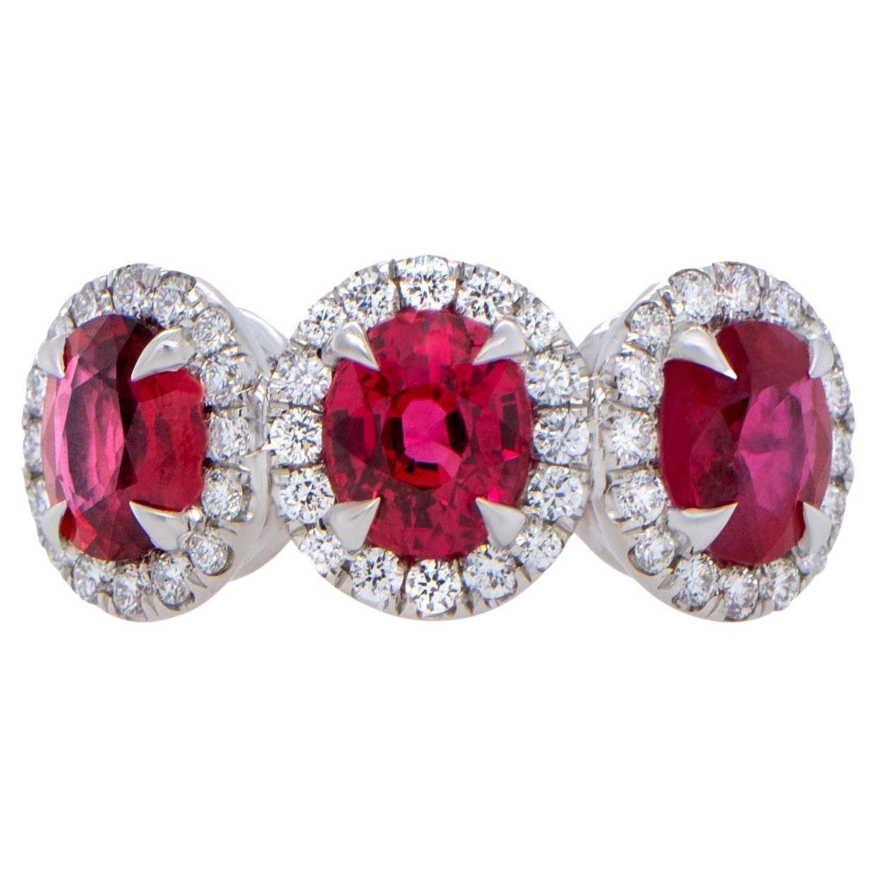 Three Rubies Ring Diamond Setting 3.21 Carats 18K White Gold For Sale