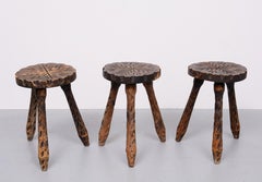Three Rustic Hand carved  Stools 1960s France
