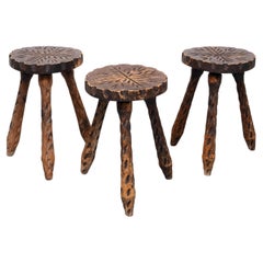 Three Rustic Hand carved Stools 1960s France Used Three Rustic Hand carved Stools 1960s France