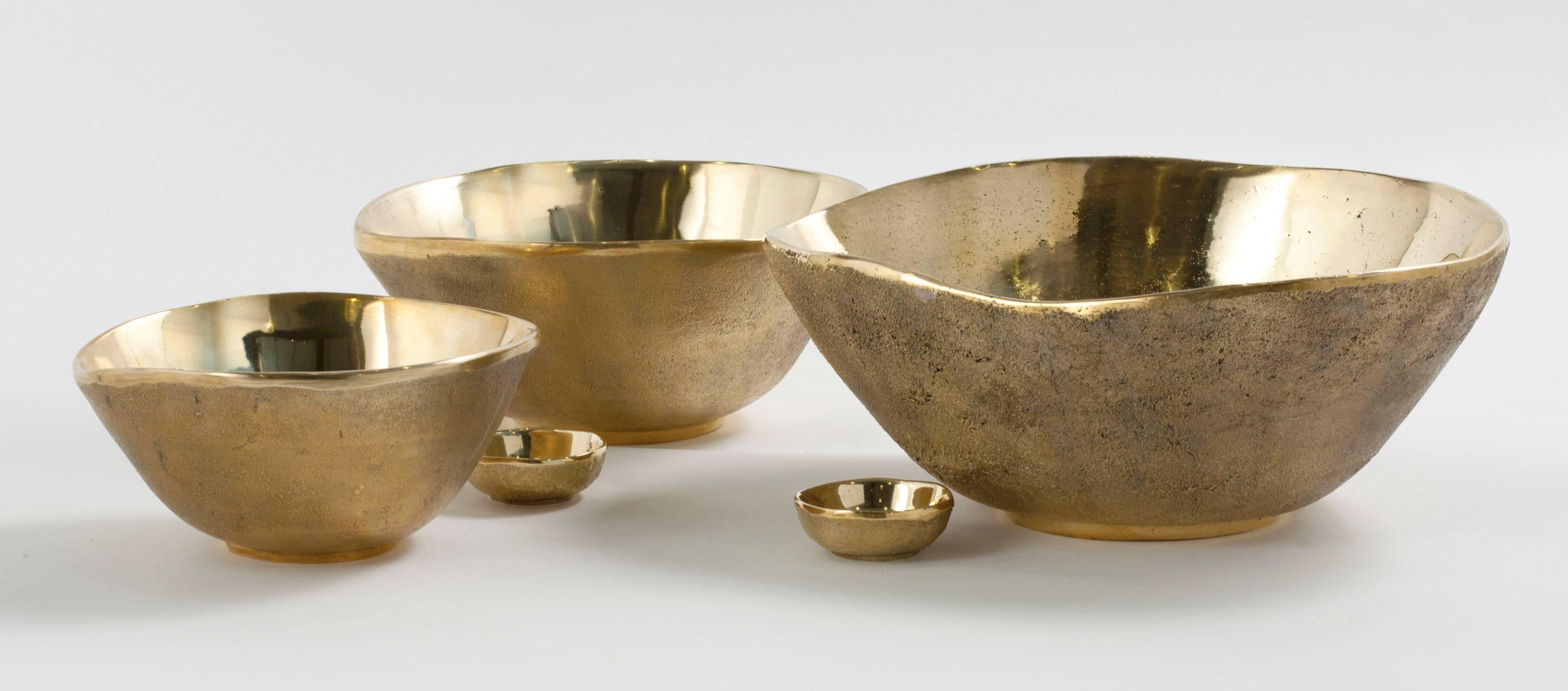 3 Bronze bowls by Jaimal Odedra. 

Each piece is sand cast by artisans in Morocco. Stamped: Jaimal Odedra.

Dimensions of three bowls as follows. 

3.25