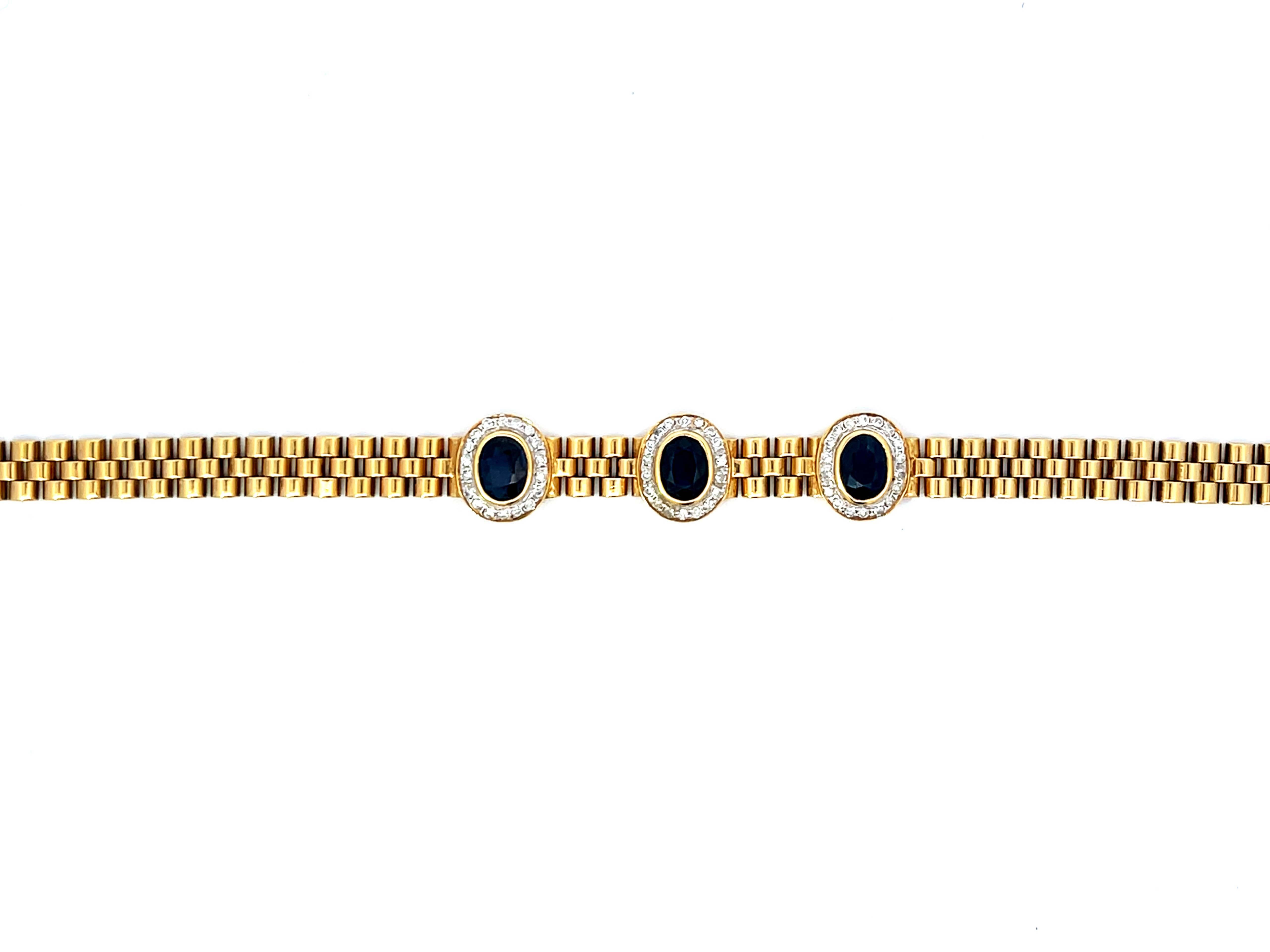 Modern Three Sapphire Diamond Halo Link Bracelet in 18k Yellow Gold For Sale