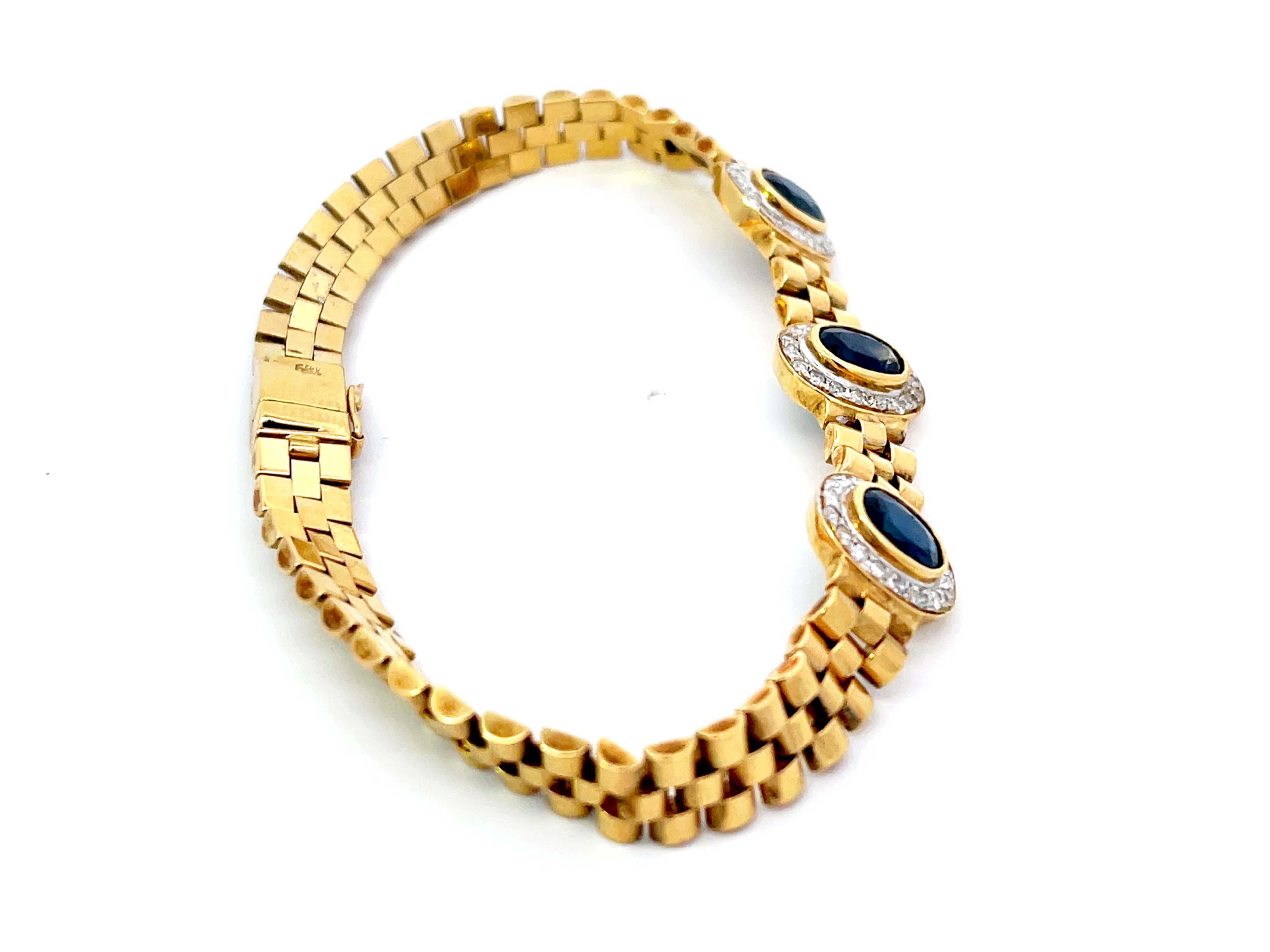 Oval Cut Three Sapphire Diamond Halo Link Bracelet in 18k Yellow Gold For Sale