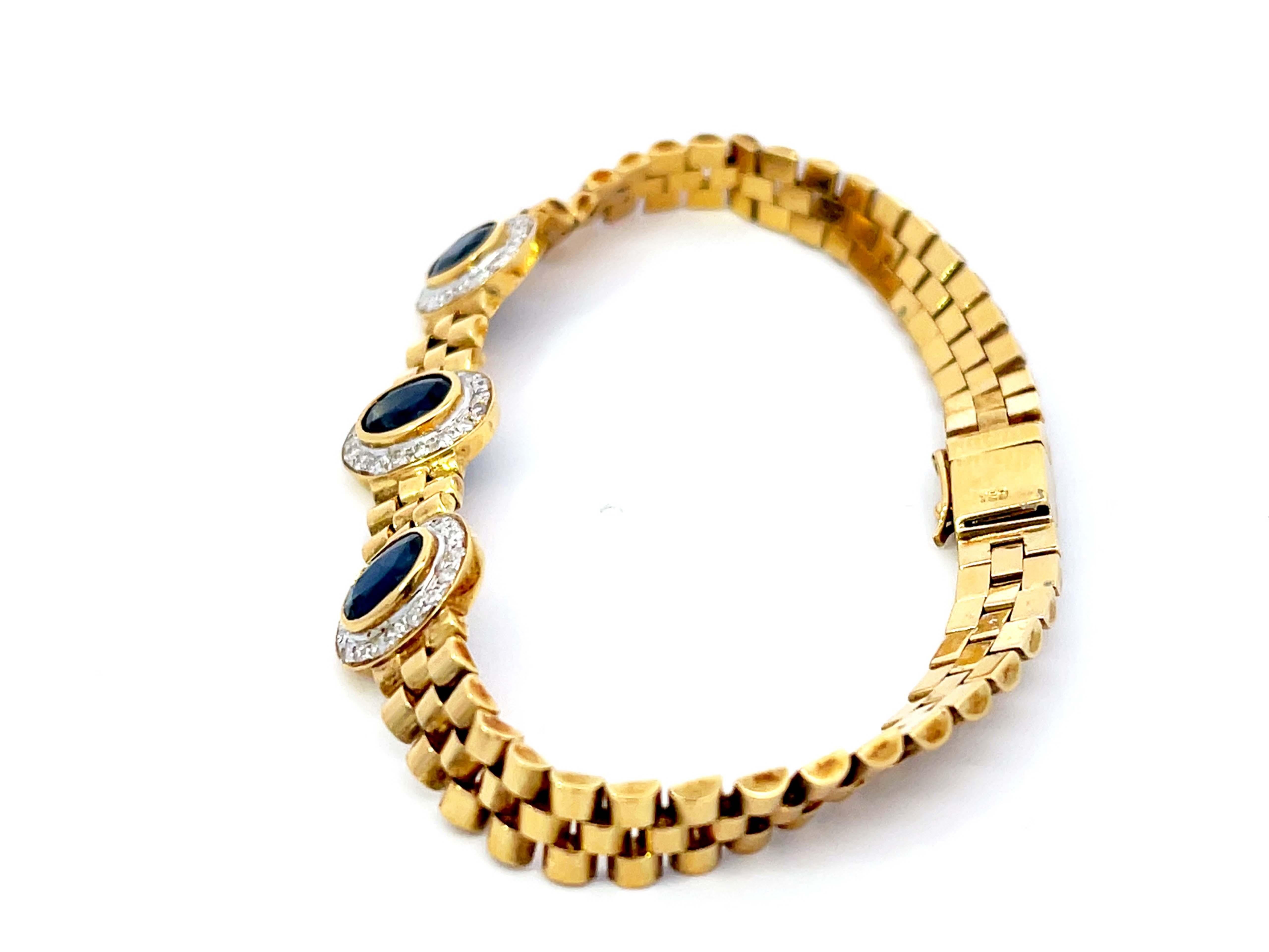 Three Sapphire Diamond Halo Link Bracelet in 18k Yellow Gold In Excellent Condition For Sale In Honolulu, HI