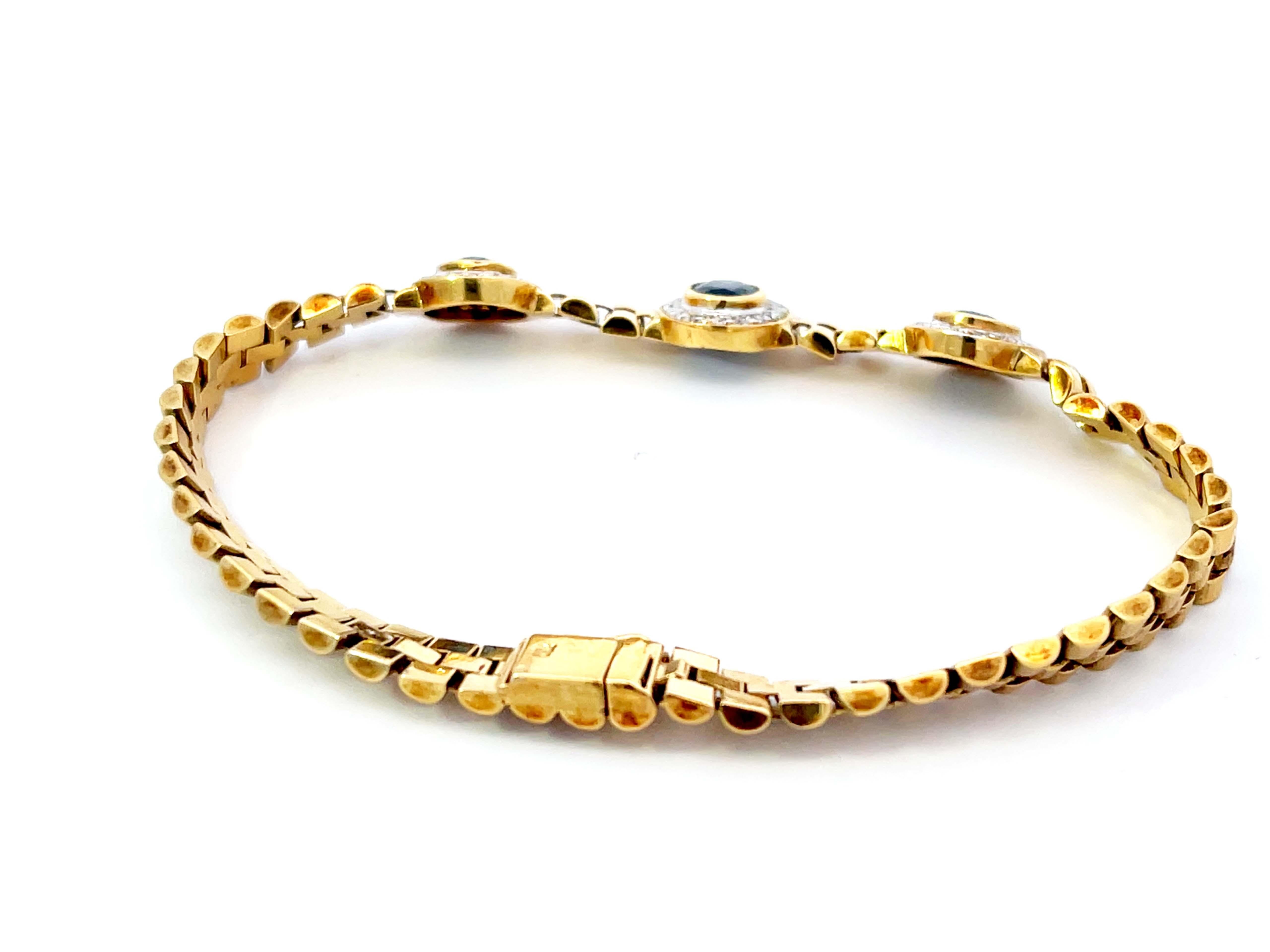 Women's Three Sapphire Diamond Halo Link Bracelet in 18k Yellow Gold For Sale