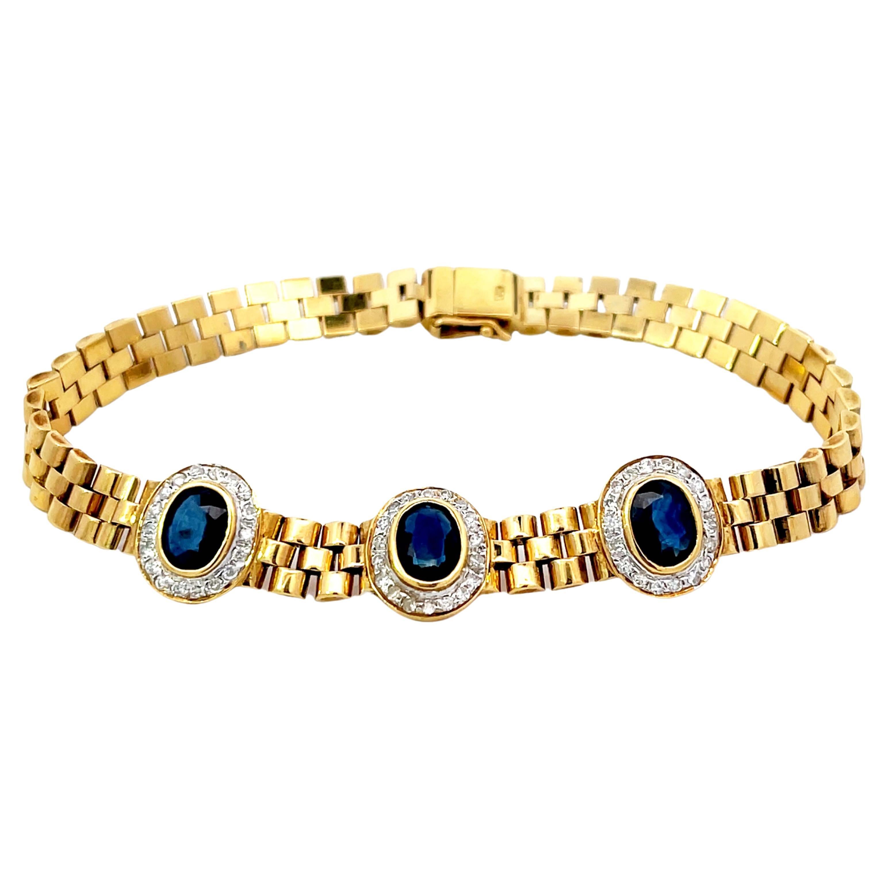 Three Sapphire Diamond Halo Link Bracelet in 18k Yellow Gold For Sale