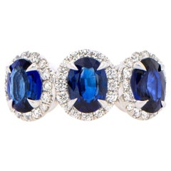 Three Sapphires Ring Diamond Setting 3.80 Carats 18K White Gold