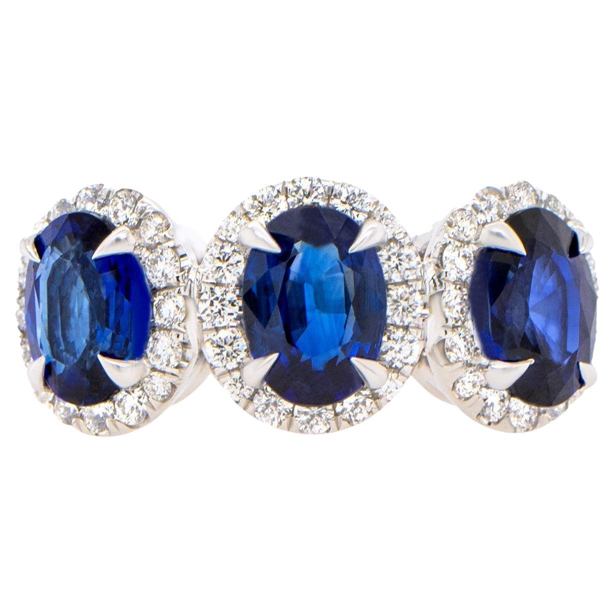 Three Sapphires Ring Diamond Setting 3.80 Carats 18K White Gold For Sale
