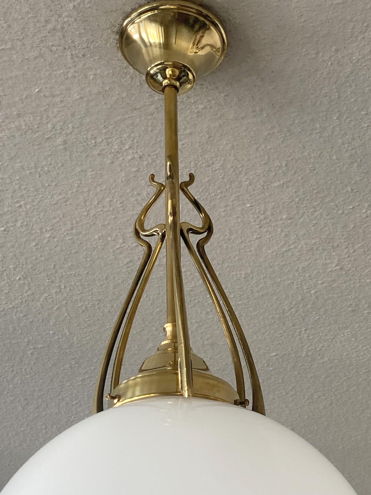 Three Scandinavian Art Deco Theater Pendants Brass Hand-blown Opaline 1920-1930 im Angebot 1