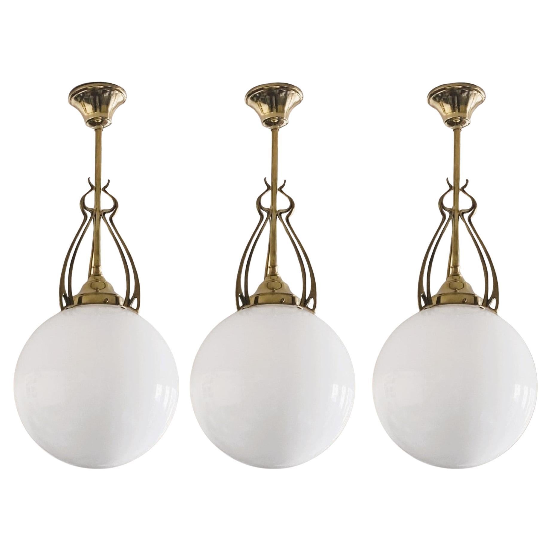 Three Scandinavian Art Deco Theater Pendants Brass Hand-blown Opaline 1920-1930