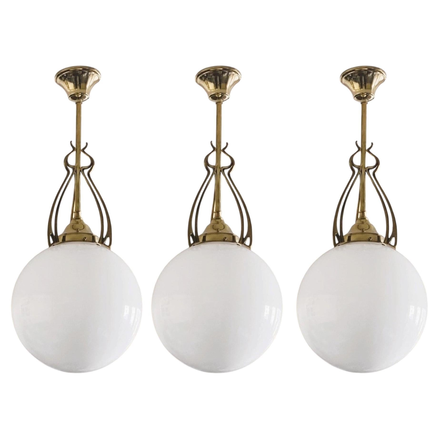 Three Scandinavian Art Deco Theater Pendants Brass Hand-blown Opaline 1920-1930