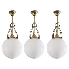 Three Scandinavian Art Deco Theater Pendants Brass Hand-blown Opaline 1920-1930