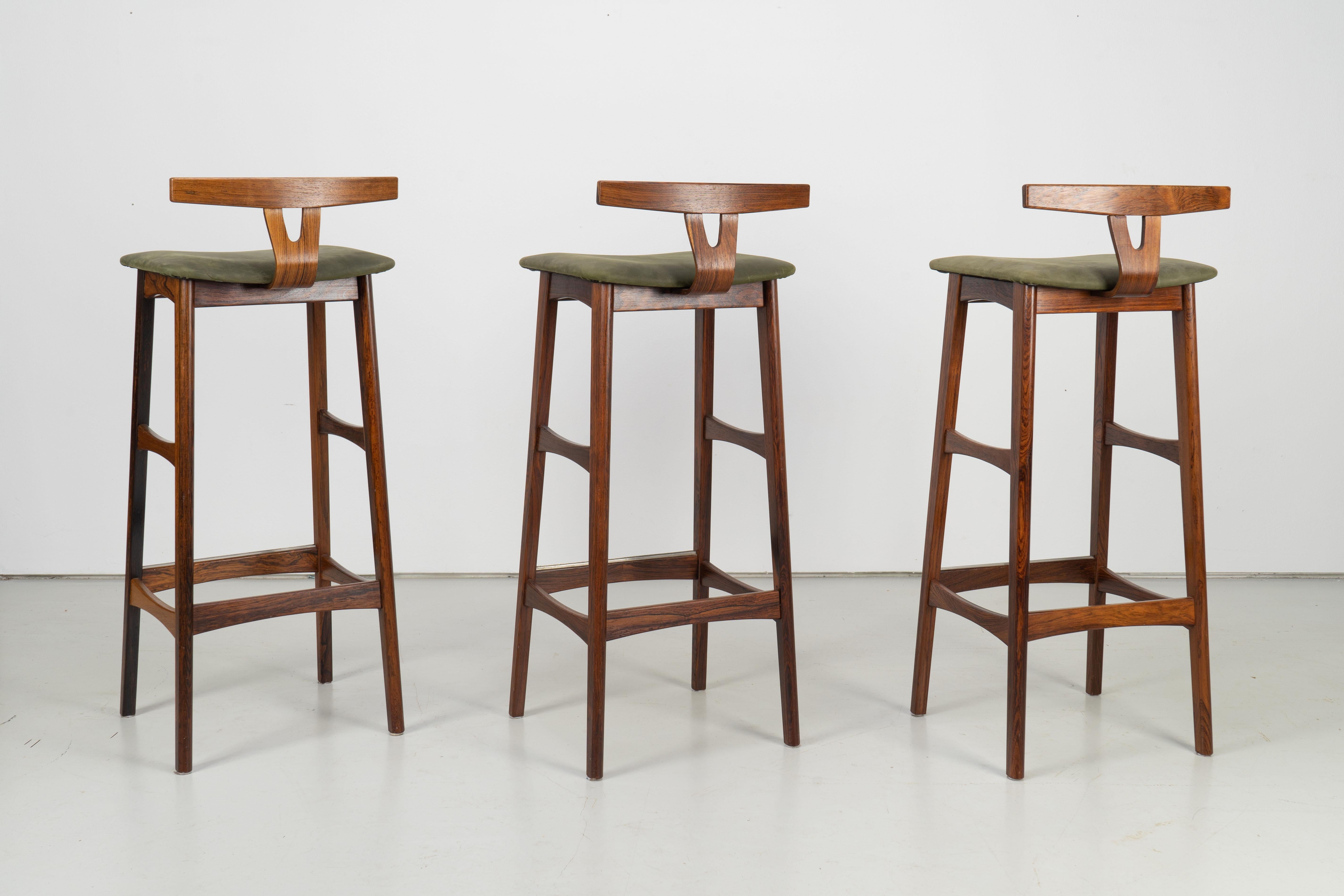 Three Scandinavian Modern Rosewood Bar Stools by Knud Bent for Dyrlund, 1960s 7