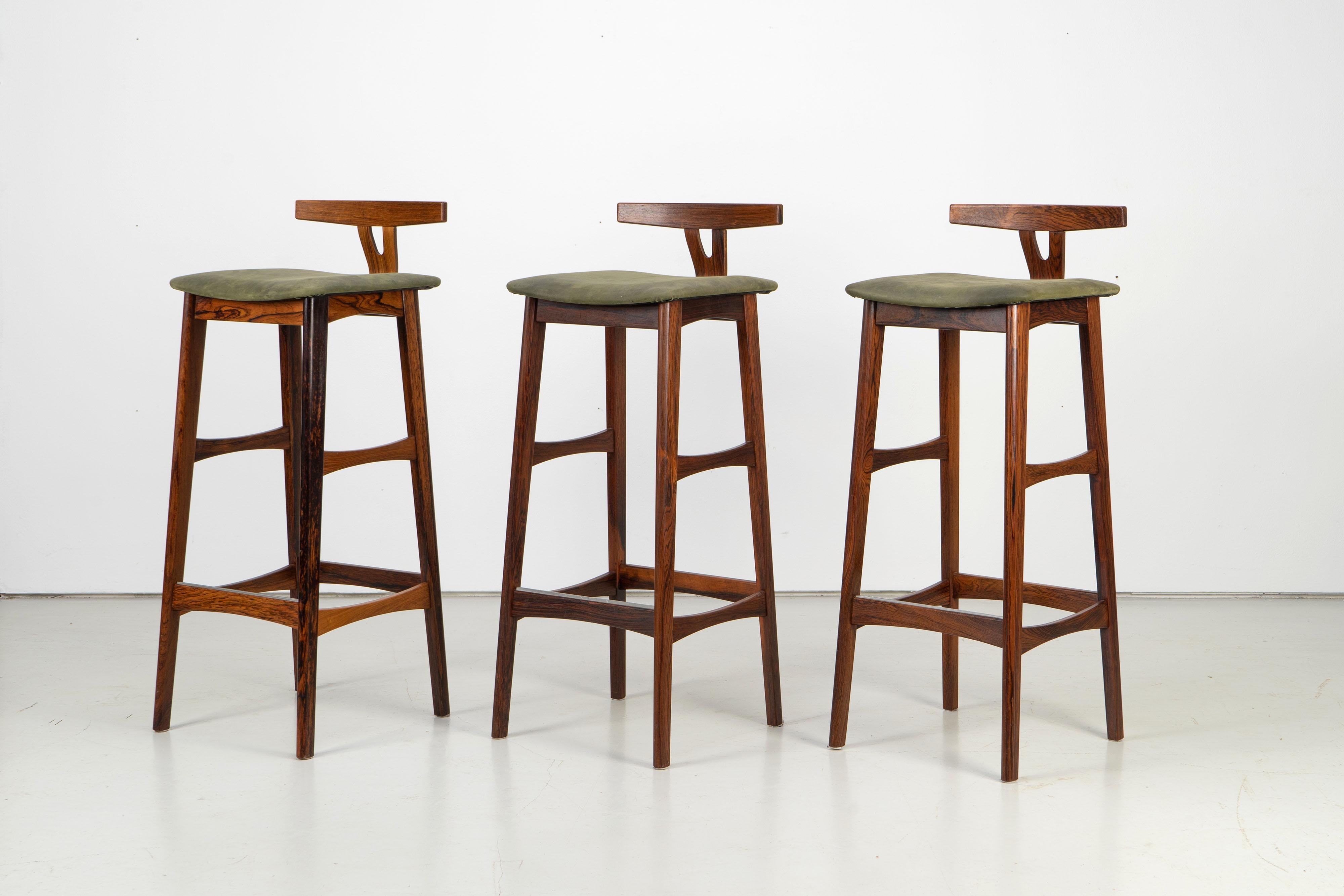 Leather Three Scandinavian Modern Rosewood Bar Stools by Knud Bent for Dyrlund, 1960s