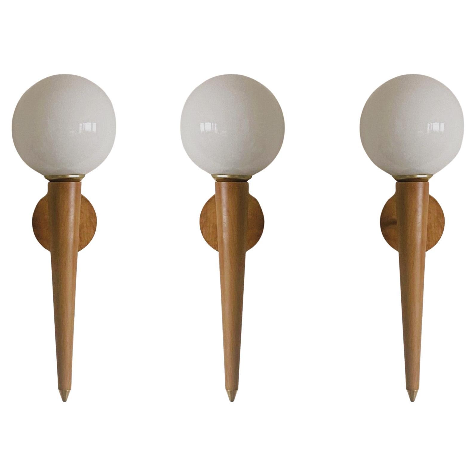 Three Scandinavian Pine Opaline Glass Sconces Wall Lights, Denmark, 1960s