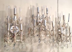 Three Sciolari Italian Midcentury Crystal Nickel Wall Light Sconces