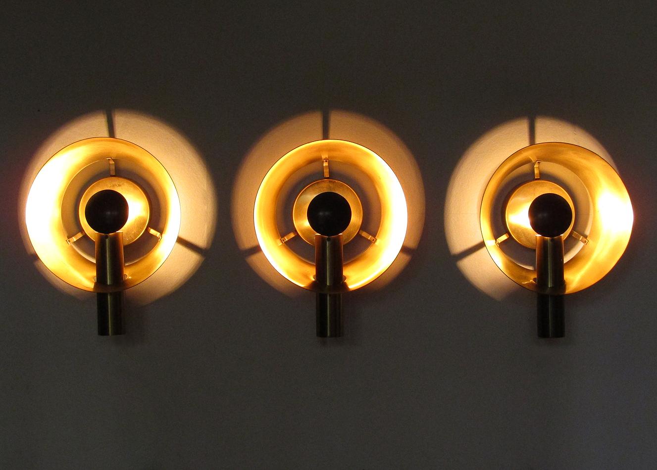 Mid-Century Modern Three Sculptural Danish Wall Lights in Brass and Racing Green by Lyfa For Sale