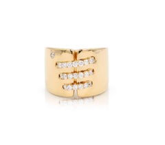 Diamond Wide Line Chunky Statement Cocktail Ring Cigar Band 14 Karat Yellow Gold