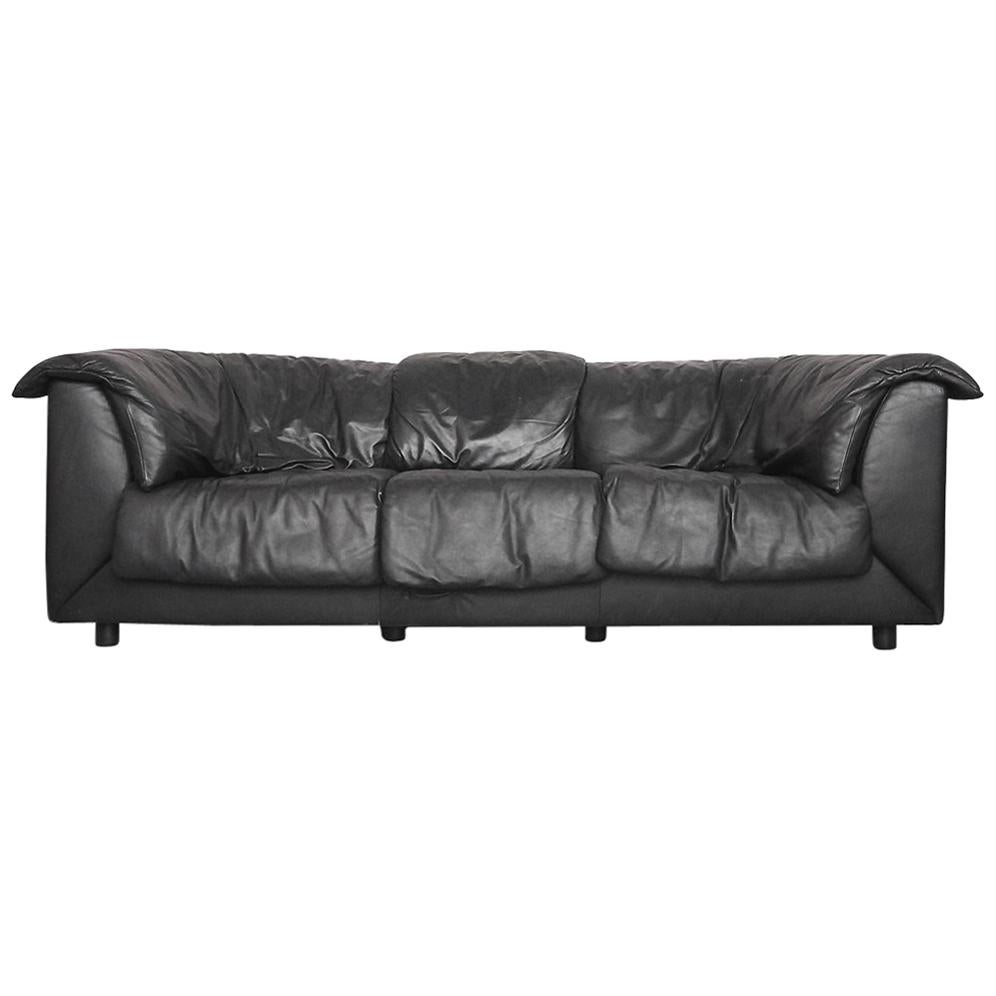 Three-Seat Black Leather Swiss Sofa by De Sede, 1980s