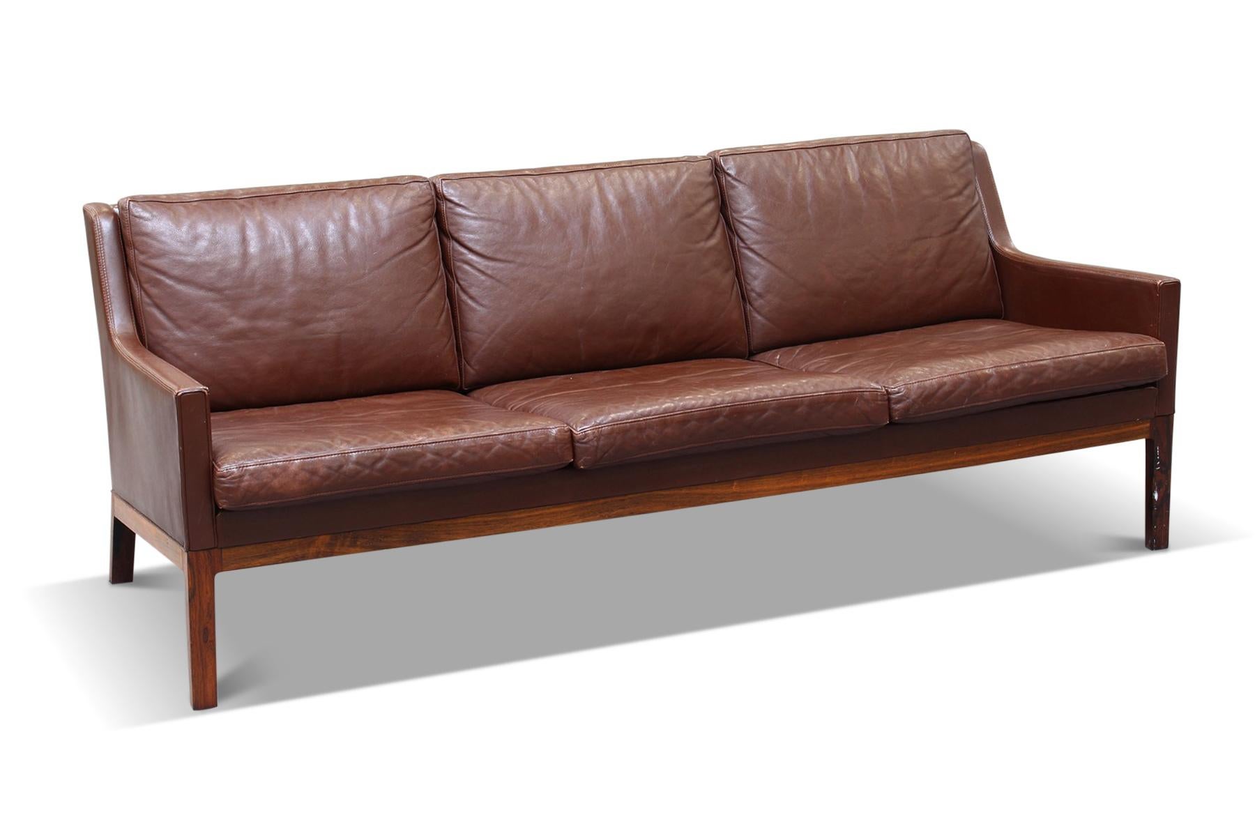 Danish Three Seat Brown Leather Sofa by Kai Lyngfeldt Larsen