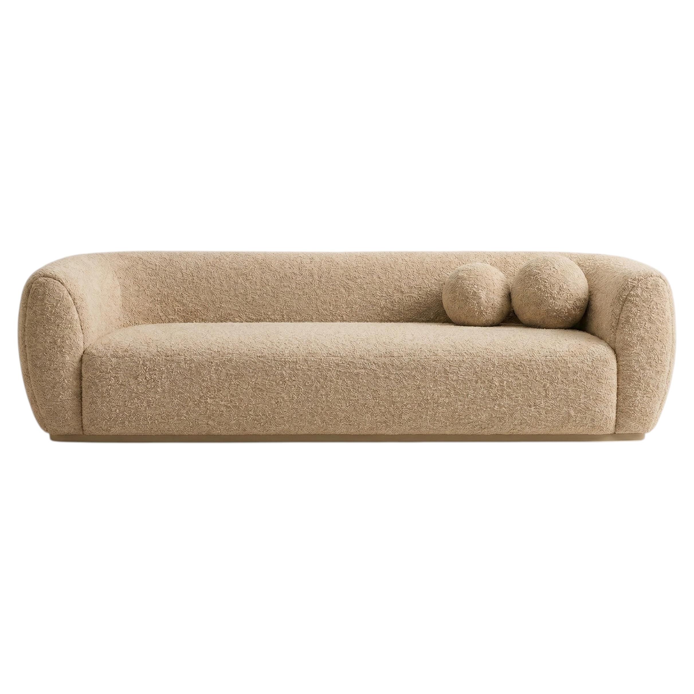 Three-Seat Champagne Bouclé Sofa Ft. Rounded Arms, Mid-Century Organic Modernism