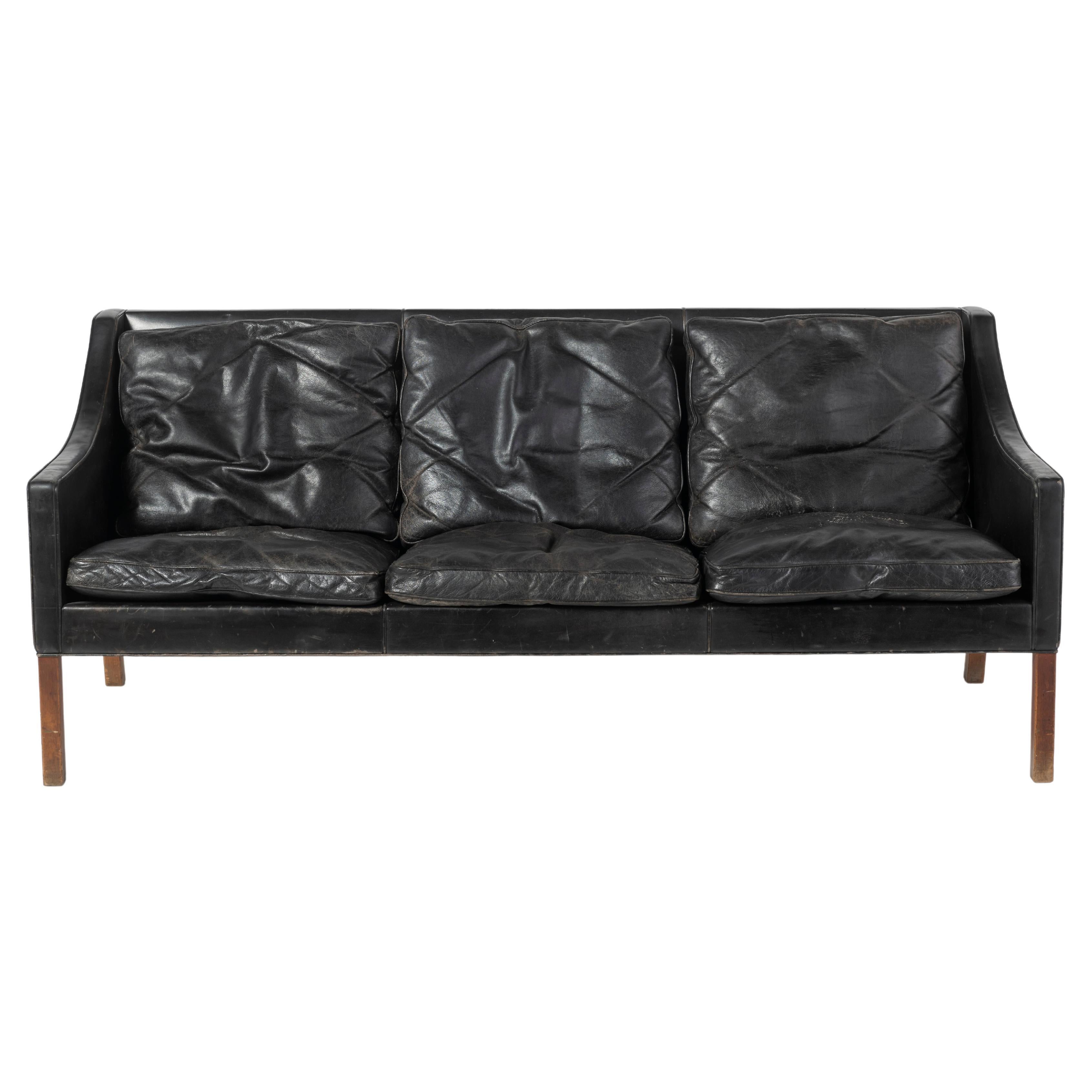 Three-Seat Danish Modern Leather Sofa in Black