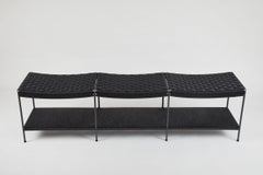 Three Seat Double Rail Handwoven Grid-Weave Danish Cord Bench with Shelf